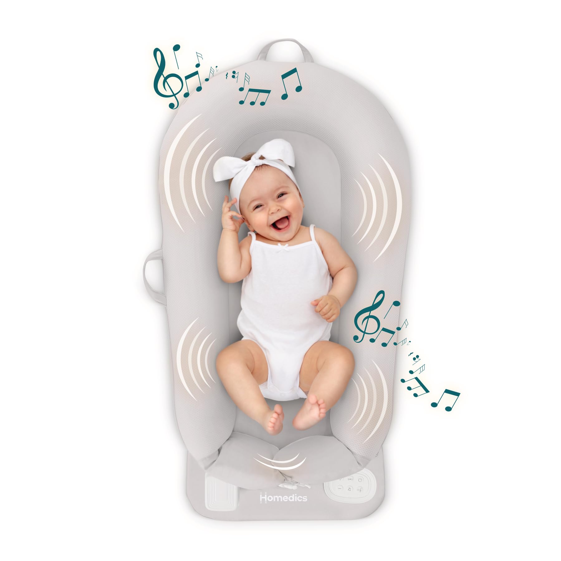 Homedics 3-in-1 Calming Baby Cushion with Soothing Sound & Vibration - Safe Cordless Rechargeable Cuddler for Newborns & Infants - Machine Washable Gray - Perfect for Nursery, Travel & Soothing Fussy Babies