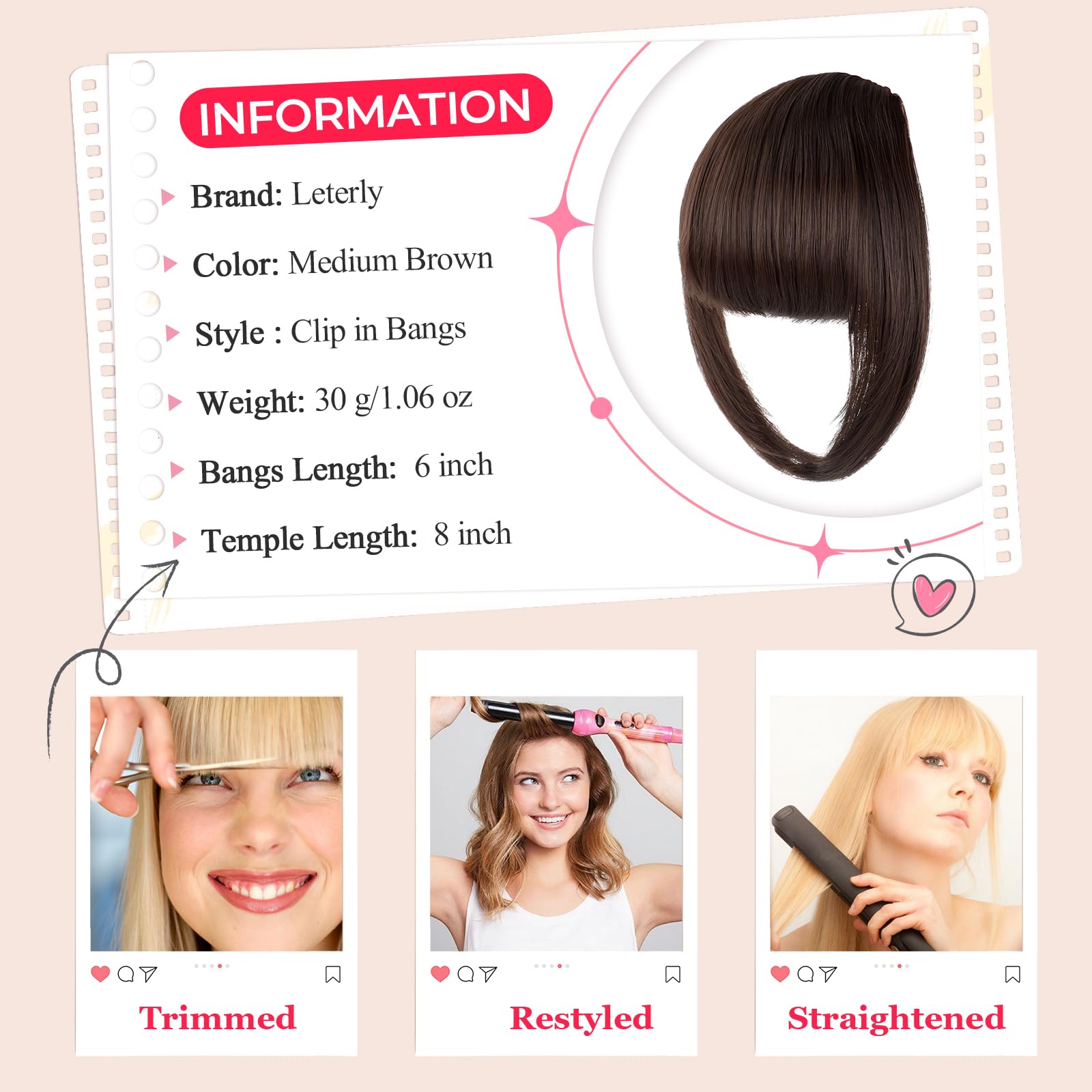 Clip-In Bangs Hair Extensions for Women - Thick French Wispy Fake Fringe with Temples, Medium Brown | Perfect for Daily Wear, Styling & Volume Boost