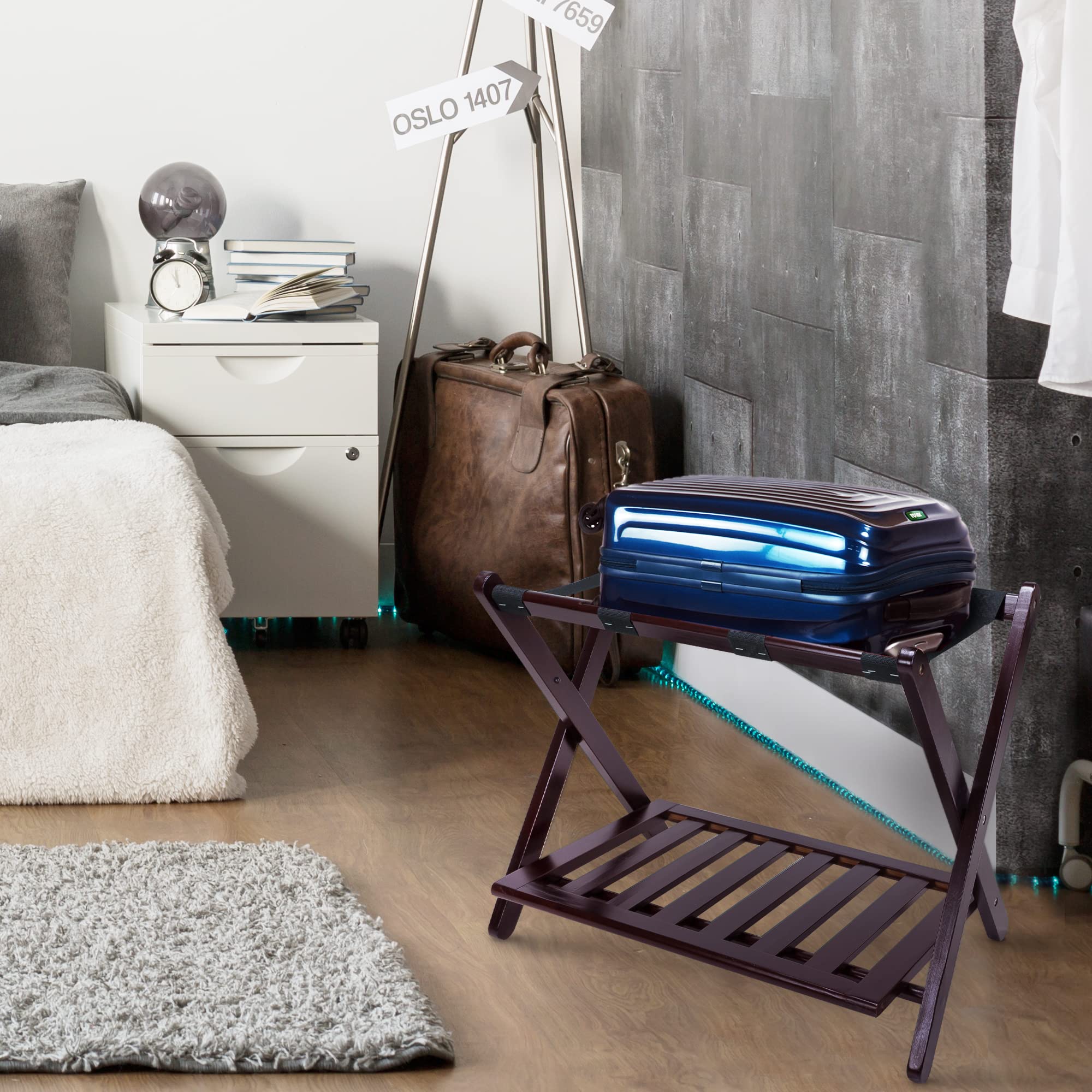 Stylish Espresso Wooden Luggage Rack with Storage Shelf - Perfect for Bedroom, Entryway, or Hotel Room Organization