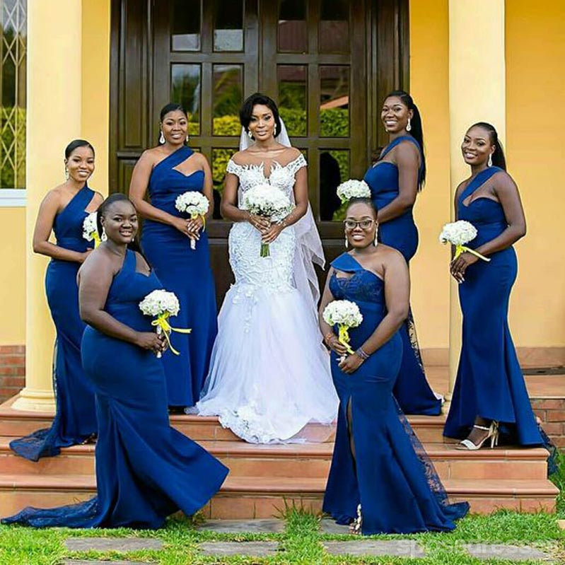 Mismatched Blue Mermaid One Shoulder Maxi Long Bridesmaid Dresses WG1677 - Elegant Formal Gowns for Weddings, Prom, and Special Occasions