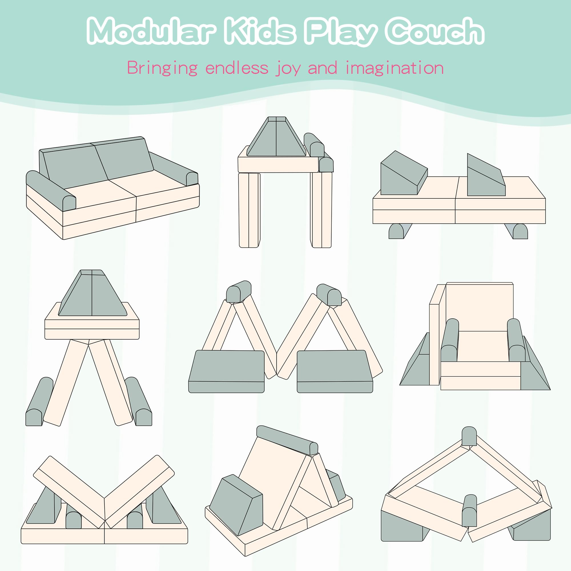 Modular Kids Play Couch - Convertible Toddler Foam Sofa for Playroom | Corduroy Fabric Nugget Couch with 5-Second Instant Expansion | Baby Explorer Set in Cyan & Beige | Perfect for Indoor Play, Reading Nook, and Nap Time