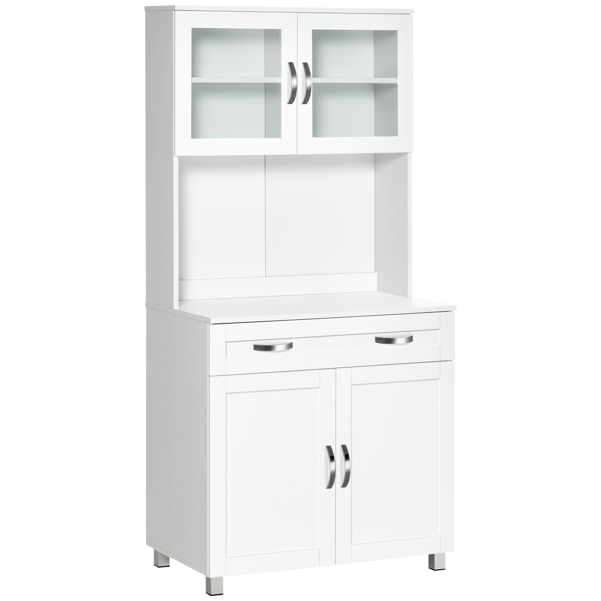 HOMCOM 67 Inch Pantry Cabinet - Modern Kitchen Hutch with Glass Doors, Adjustable Shelves & Drawers, Freestanding Storage Cabinet for Kitchen, Dining Room or Office - White