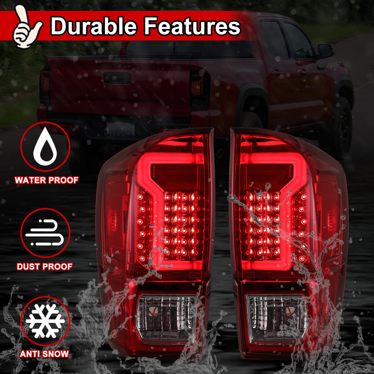 Nixon Offroad LED Tail Lights for Toyota Tacoma 2016-2023 - Chrome Housing with Red Lens - Direct Replacement Rear Lamps Assembly (1 Pair) - Perfect for Off-Roading, Night Driving & Truck Customization