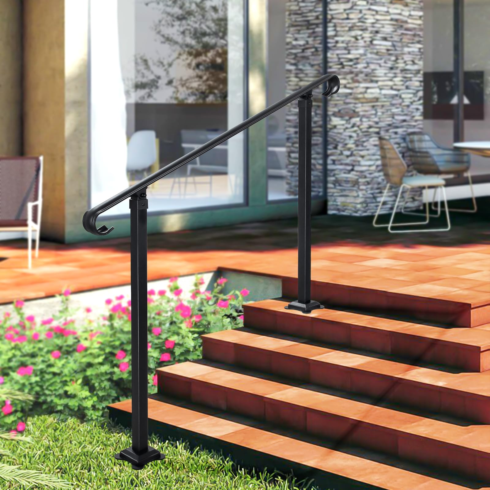 Adjustable 5-Step Wrought Iron Handrail for Outdoor Steps & Decks | Heavy Duty Stair Railing for 4-6 Steps | Perfect for Patio, Garden & Front Entrance Safety
