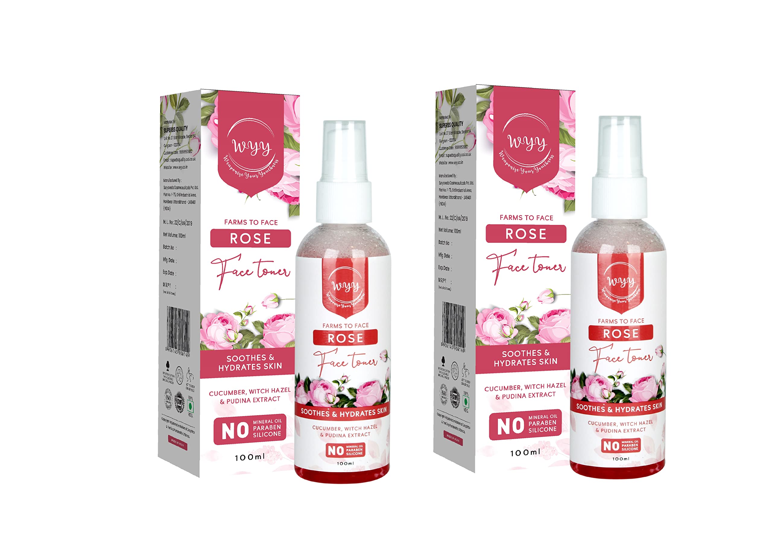 WYY Rose & Pudina Extract Face Toner - Hydrating, Pore Cleansing, Skin Refreshing & Softening - 2 Pack (100ml x 2) for Daily Skincare & Makeup Prep