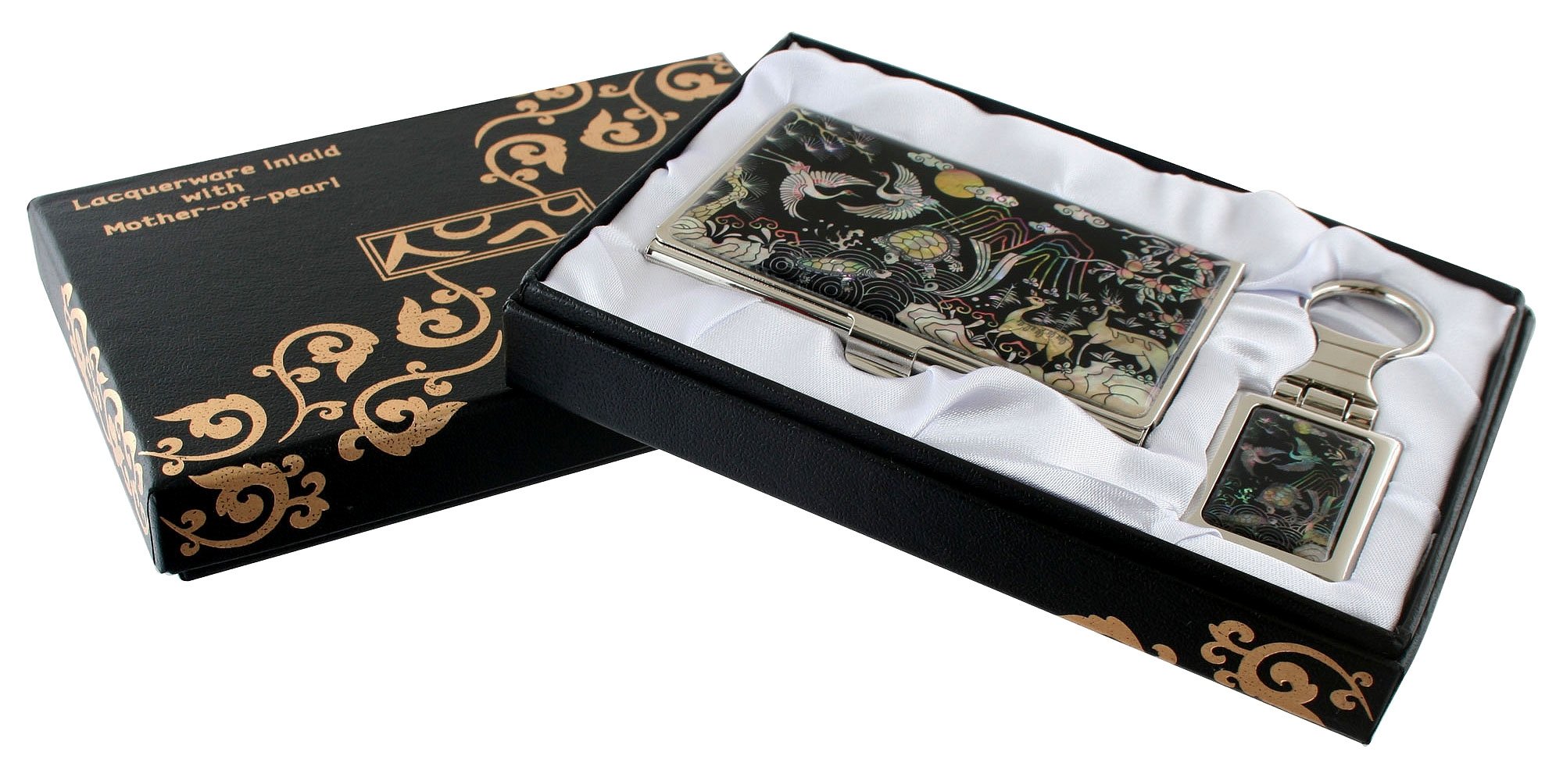 Elegant Mother of Pearl Turtle & Deer Design Keychain Set - Slim Key Ring Holder, Business Card & ID Money Case - Perfect for Gifts, Office & Travel Accessories