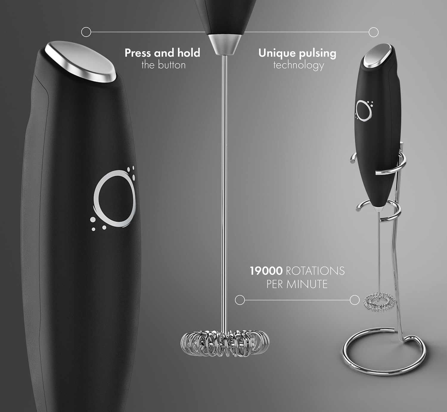 Premium Handheld Milk Frother for Coffee & Matcha - Electric Drink Mixer with Stainless Steel Whisk - Ergonomic Design with Stand & Recipe Book - Perfect for Lattes, Cappuccinos & Hot Chocolate at Home - by Unicoff (Black)