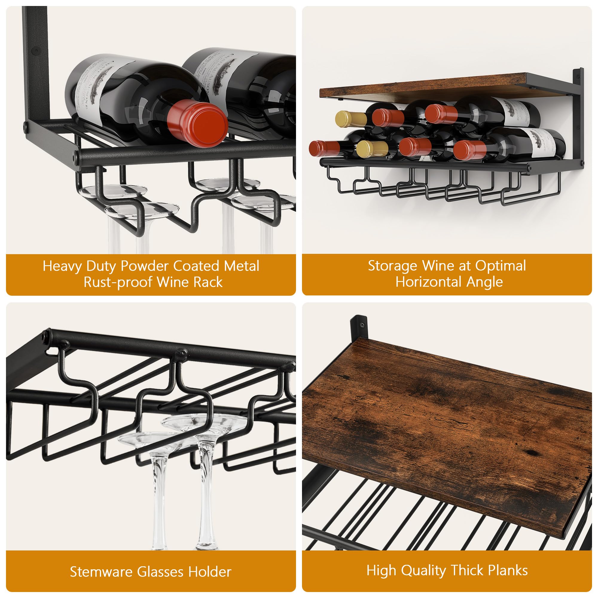 2-Tier Wall Mounted Wine Rack with Bottle Holder & Glass Storage - Rustic Bar Shelves for Liquor Display - Space-Saving Hanging Wine Rack for Home Bar, Kitchen, Dining Room & Wine Cellar Organization