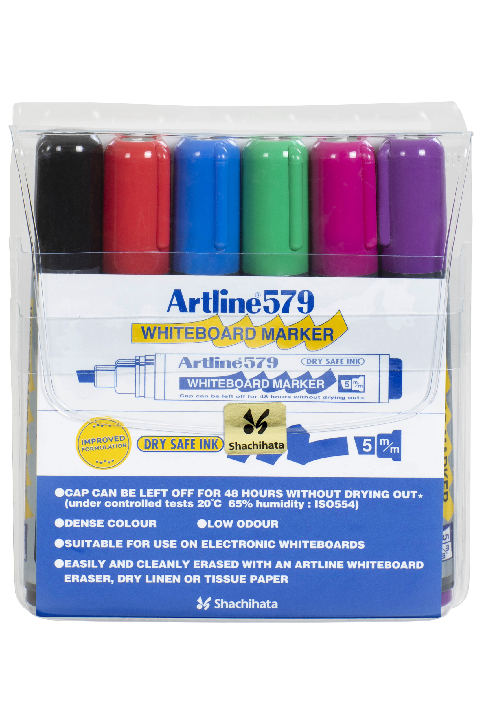 Artline 579 Whiteboard Markers - 6 Pack with 5mm Chisel Nib - Dry Erase Markers for Whiteboards, Glass & Non-Porous Surfaces - Ideal for Office, Classroom & Home Use
