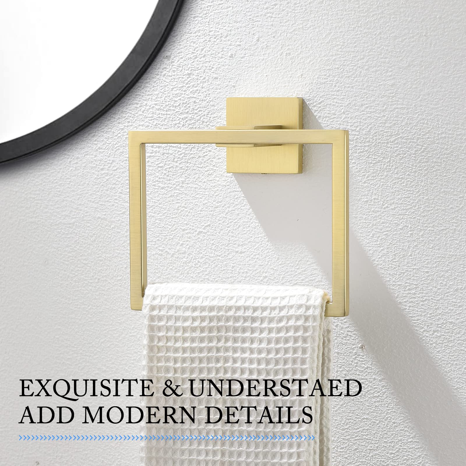 Brushed Gold Towel Ring - Stainless Steel Square Bathroom Hand Towel Holder - Wall Mounted Towel Bar Hanger for Modern & Luxury Bathroom Decor