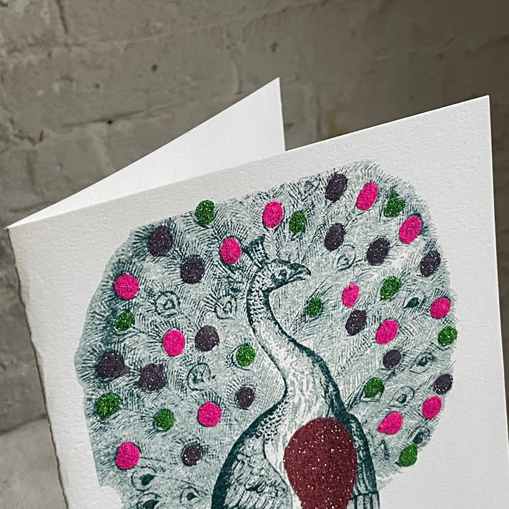 Handmade Block Printed Peacock Greeting Card - Elegant Folded Stationery for Birthdays, Weddings & Special Occasions