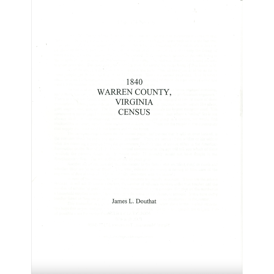 1840 Warren County Virginia Census Records - Genealogy & Family History Research for Ancestral Search    (Use Case: Perfect for historians, genealogists, and family researchers tracing ancestors in Warren County, Virginia during the 1840s)