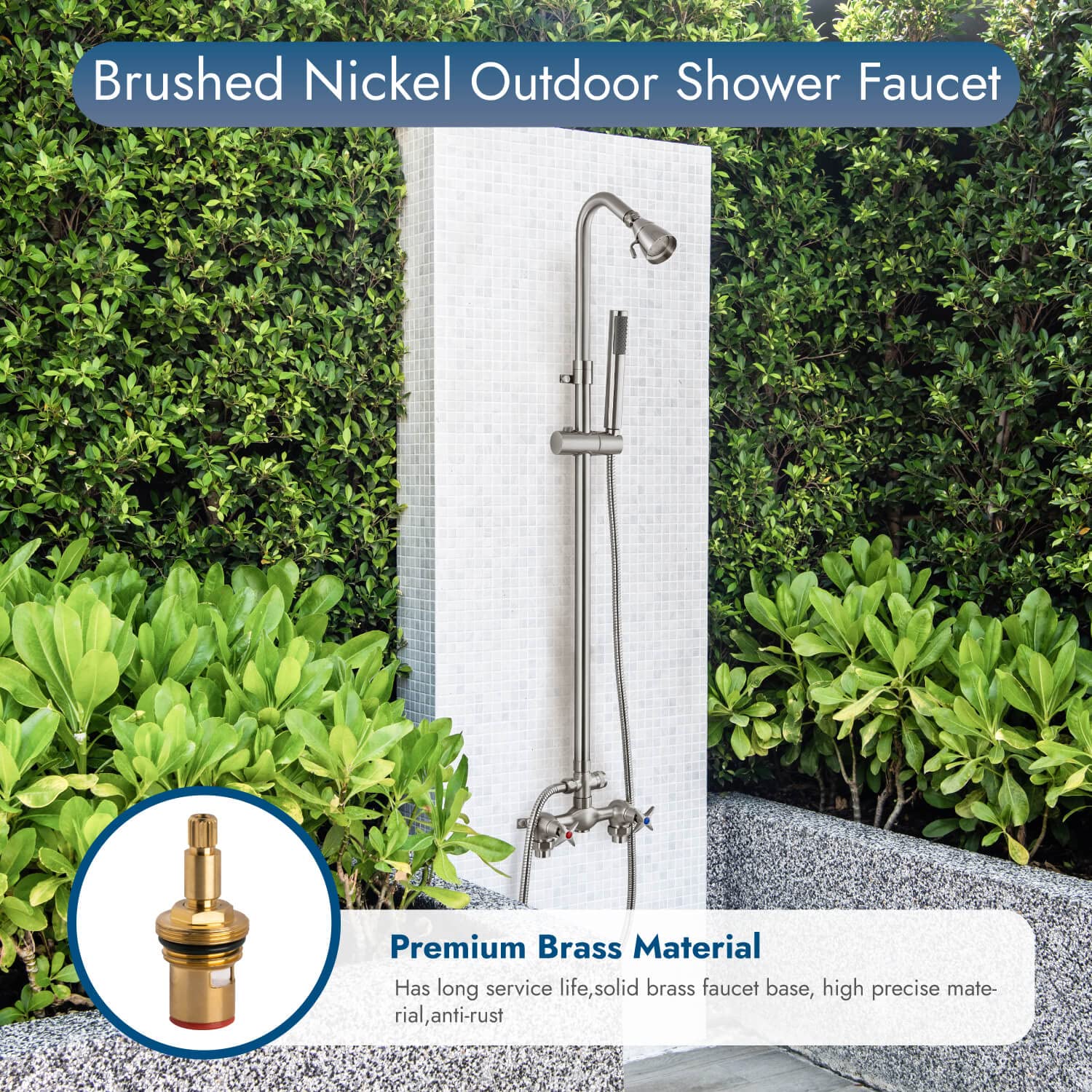 Brushed Nickel Wall Mounted Exposed Shower Fixtures with Handheld Shower Head - Outdoor Shower Kit with 2 Cross Handles & Adjustable Slide Bar - Dual Function Shower Faucet for Bathroom, Poolside, and Garden Use