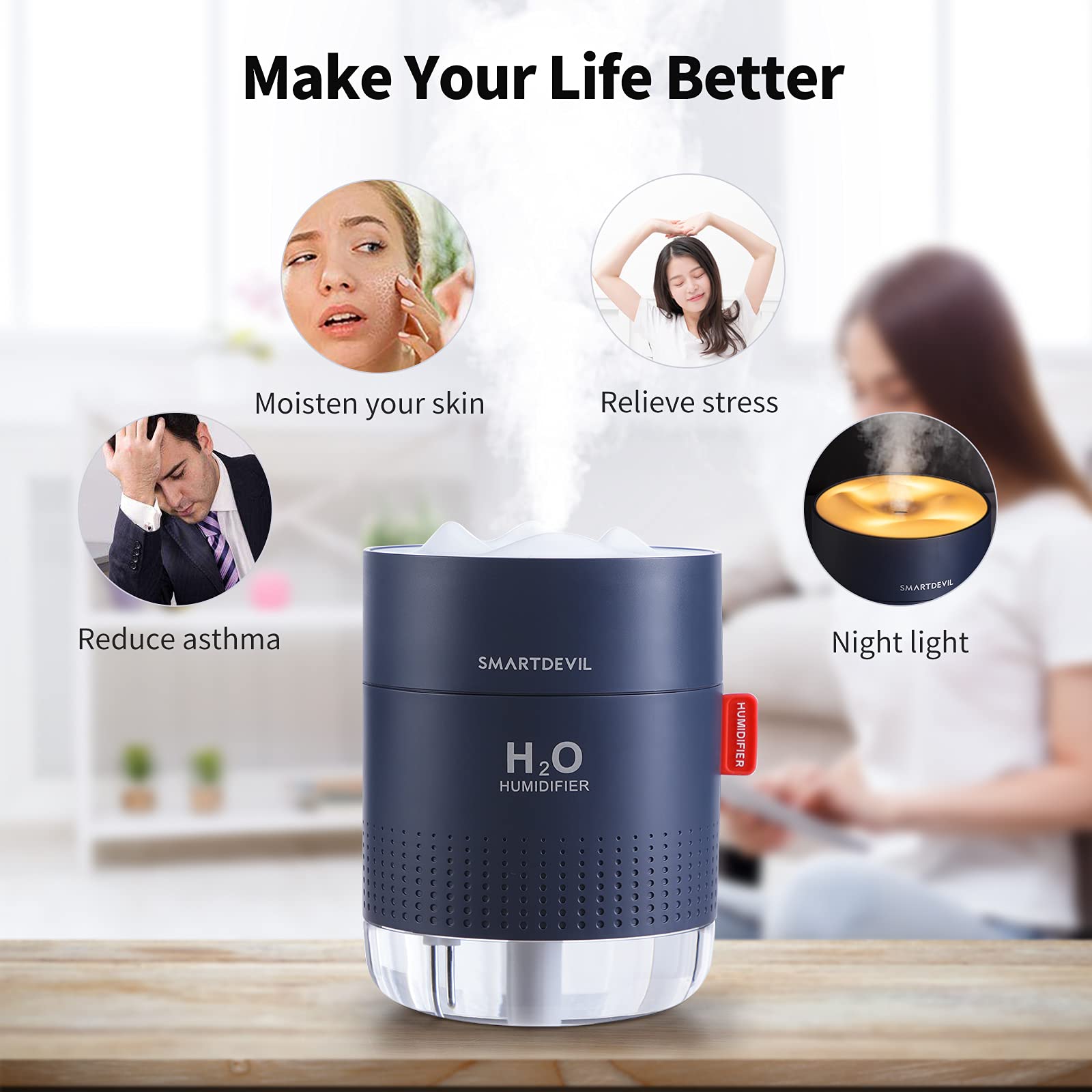 SmartDevil 500ml Small Humidifier for Bedroom - Ultra Quiet Cool Mist Humidifier with Night Light & Auto Shut-Off - 2 Spray Modes for Baby Nursery, Office & Home Use (Dark Blue) - Perfect for Dry Air Relief & Better Sleep