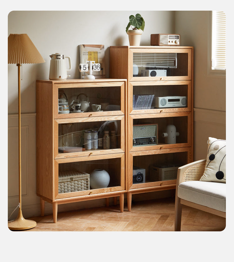 Premium Oak Solid Wood Multi-Layer Flip Door Glass Bookcase - Stylish Home Office Library Storage for Books, Decor & Collectibles