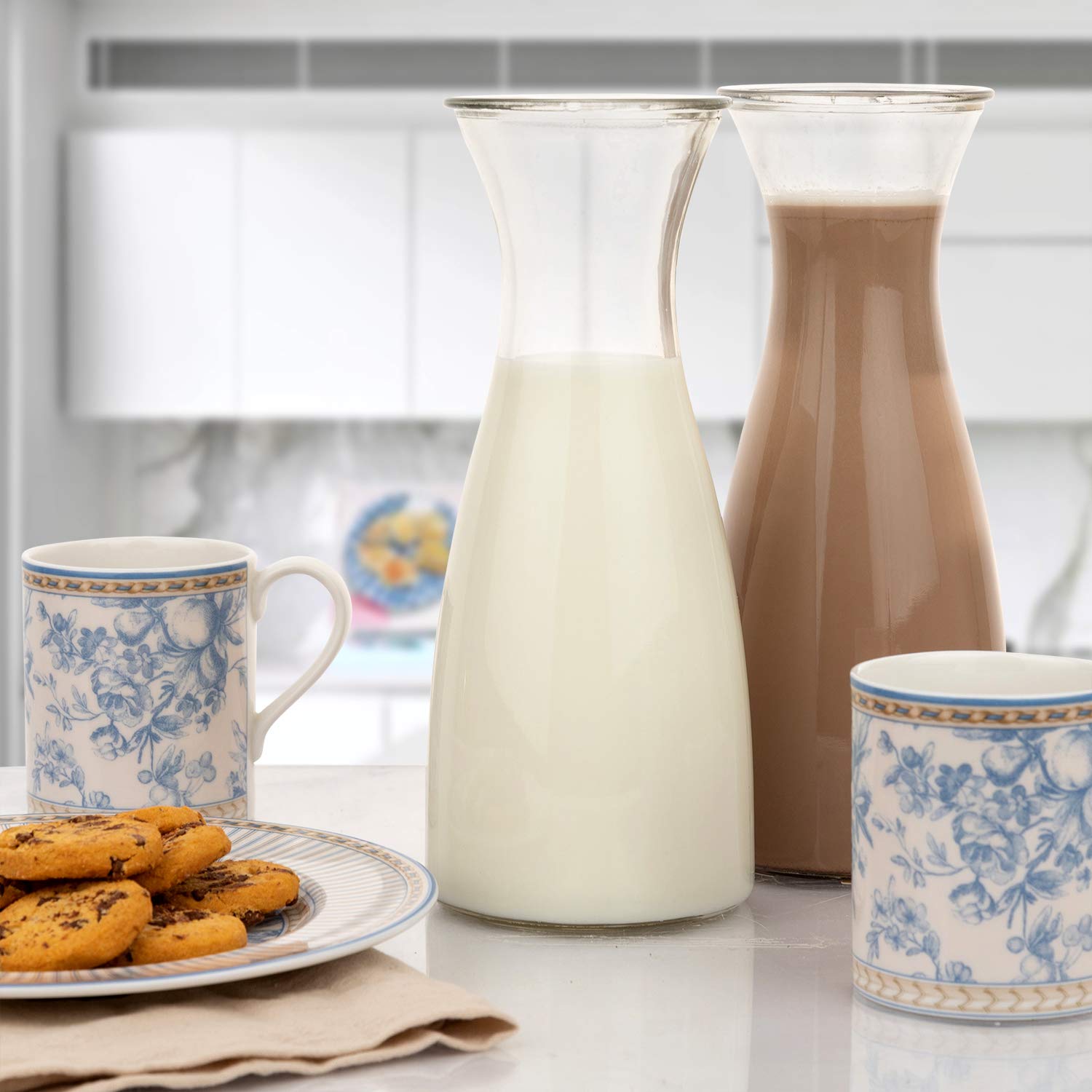 3-Piece Glass Carafe Set - 1 Liter Pitchers for Party & Home Use - 10 Inch Tall Glass Jugs for Water, Milk or Juice - Perfect for Entertaining, Dining & Kitchen Storage