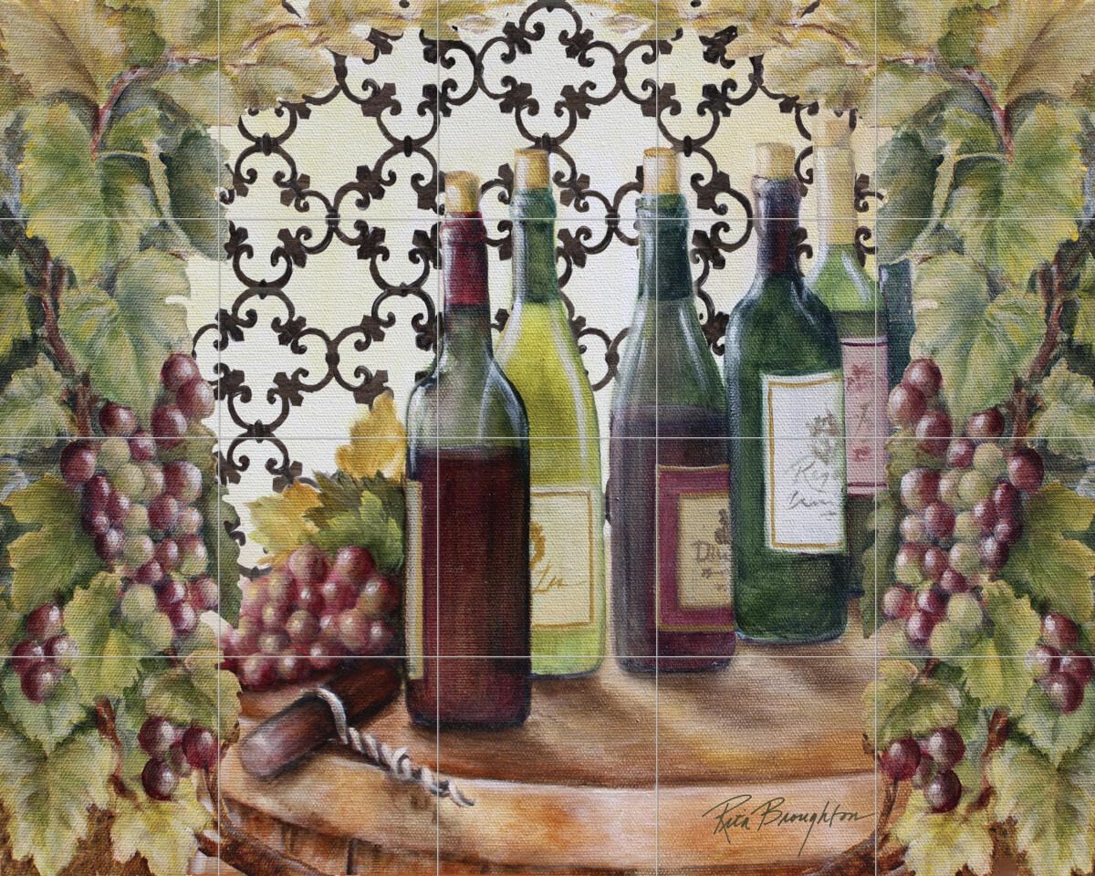 Wine Themed Ceramic Backsplash Tile Mural - Kitchen Wall Decor with Grapevine Trellis Design by Rita Broughton | Perfect for Wine Cellars, Italian Restaurants & Vineyard Inspired Home Kitchens