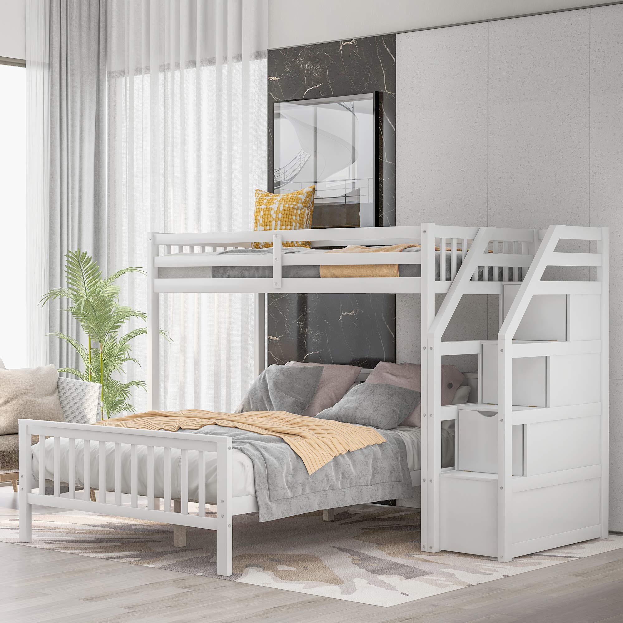 LZ LEISURE ZONE Twin Over Full Loft Bed with Storage - Solid Wood Bunk Bed Frame, No Box Spring Needed (White) - Perfect for Kids' Bedrooms, Guest Rooms & Small Spaces