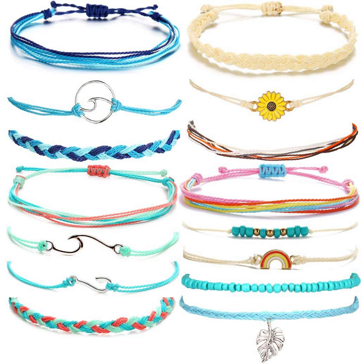 Blue Boho Friendship Bracelets for Women - Adjustable Sunflower Beaded Bracelet Set - Stackable Surfer Beach Summer Essentials - Perfect for Gifts, Stocking Stuffers & Everyday Wear