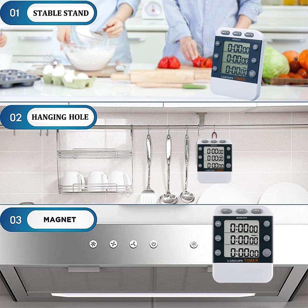 Digital Dual Kitchen Timer with 3 Channels - Count Up/Down, Triple Cooking Timer, Large Display & Loud Alarm - Magnetic Back, Stand, Battery Included (M382) - Perfect for Baking, Meal Prep & Multitasking in the Kitchen