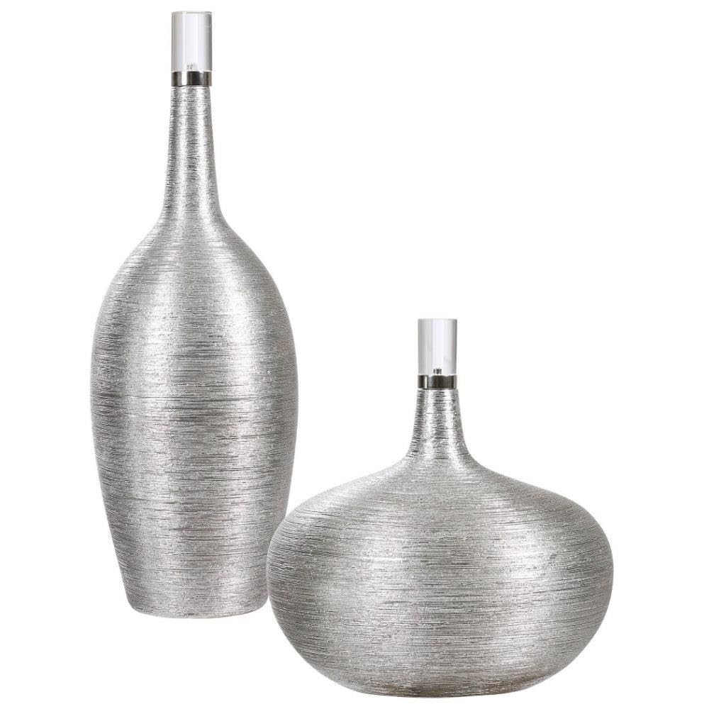 Uttermost Gatsby Silver Leaf Decorative Bottles Set of 2 - Elegant Home Decor for Living Room, Dining Table & Shelf Display