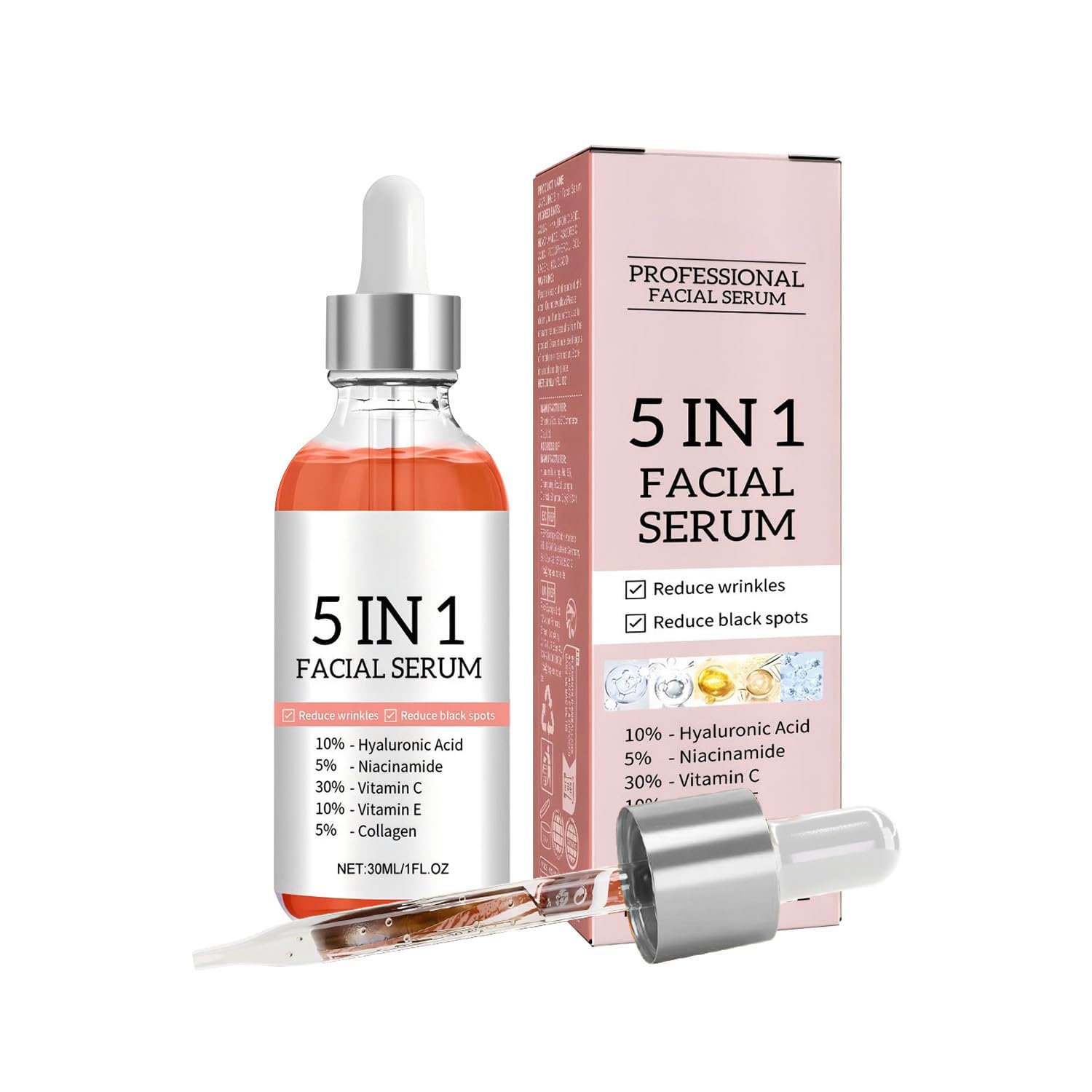 5-in-1 Vitamin C Facial Serum with Hyaluronic Acid & Niacinamide - Brightening & Hydrating Anti-Aging Face Serum for Women - Dark Spot Corrector & Collagen Booster for Dull Skin - 1.05 Fl Oz - Perfect for Daily Skincare Routine & Nighttime Hydration