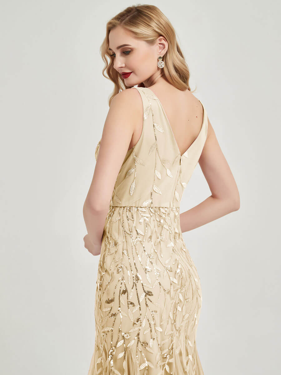 Elegant Champagne Gold Sequin Mermaid Evening Gown - Formal Maxi Dress for Prom, Wedding & Special Occasions