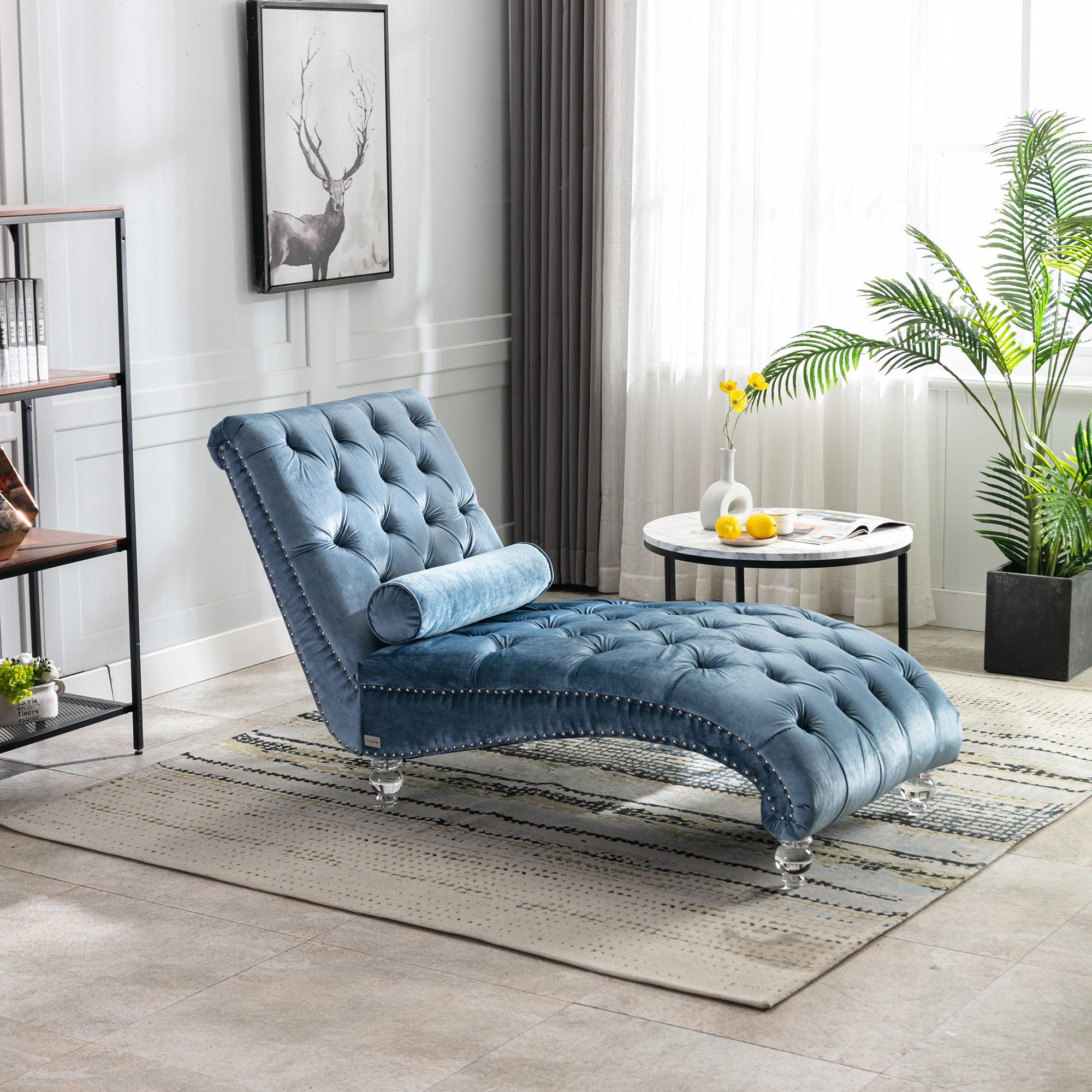 Luxury Velvet Chaise Lounge Chair - Button Tufted Upholstered Sofa with Pillow for Bedroom, Living Room & Office - Light Blue Velvet - Perfect for Relaxing, Reading & Home Decor