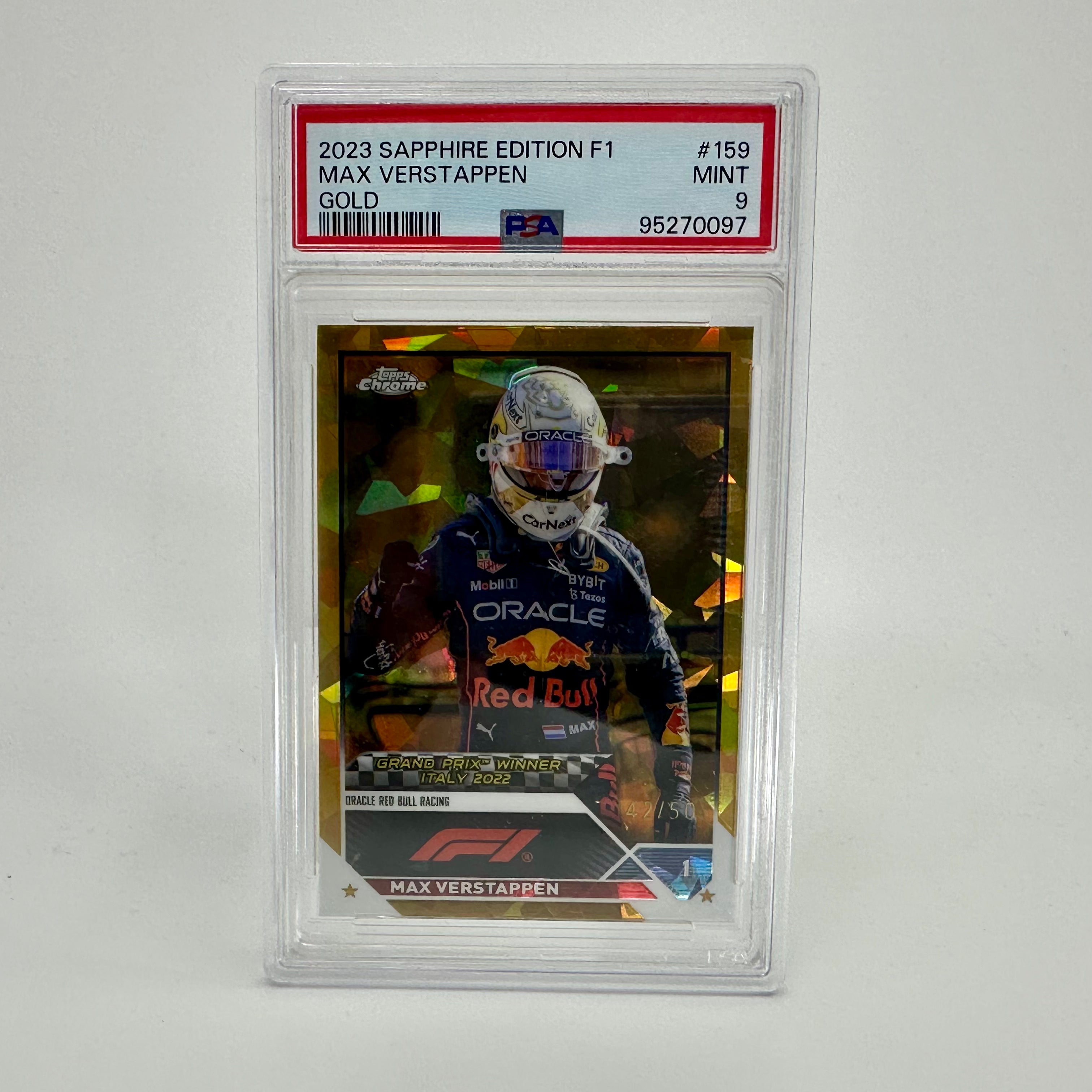 2023 Topps Chrome Max Verstappen #159 PSA 9 42/50 Sapphire Gold Parallel - Rare Racing Collectible for F1 Fans & Sports Card Investors