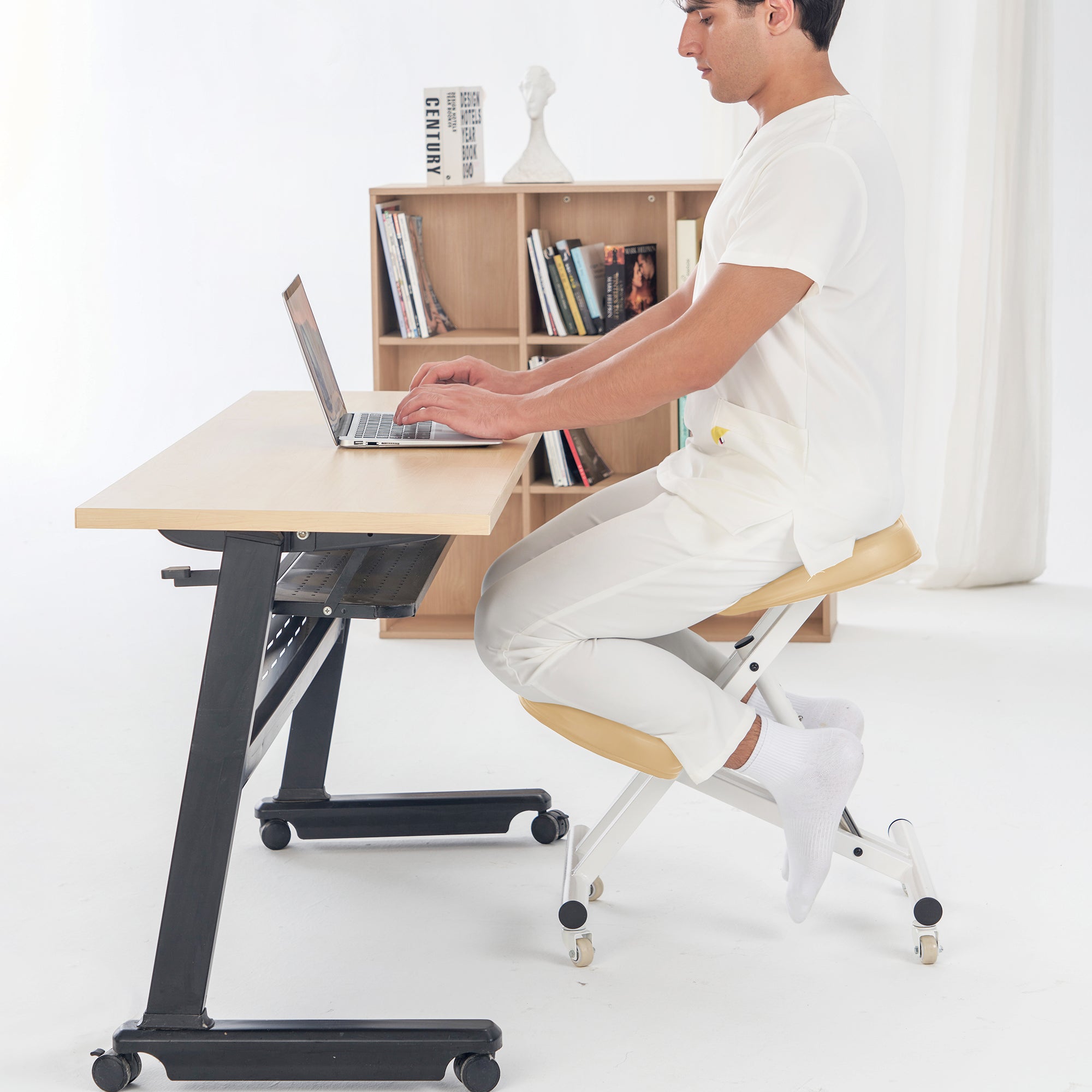 Ergonomic Metal Foldable Kneeling Chair for Office & Home - Posture Correction Stool with Adjustable Height | Improves Sitting Posture & Back Pain Relief | Perfect for Work, Study & Meditation (Cream/Black Options)