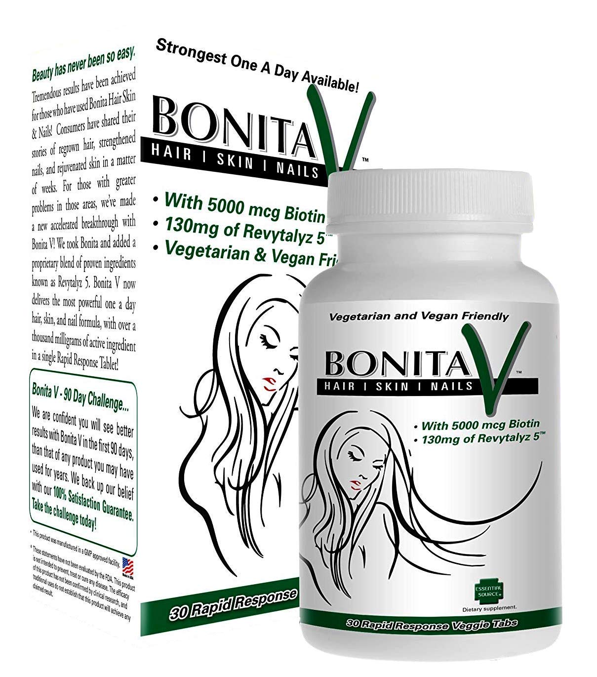 Essential Source Bonita V - Hair Skin and Nails Supplement - 30 Vegetarian Tablets for Healthy Hair Growth, Glowing Skin & Strong Nails | Daily Beauty Vitamins for Women & Men