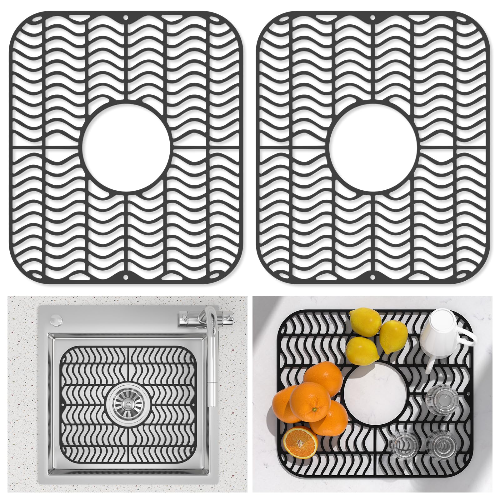 TOOVEN 2-Pack Non-Slip Heat Resistant Silicone Kitchen Sink Mats - 13.58 x 11.6 Inch Farmhouse Sink Protectors for Stainless Steel & Porcelain Sinks - Perfect for Dishwashing, Food Prep & Protecting Sink Bottom