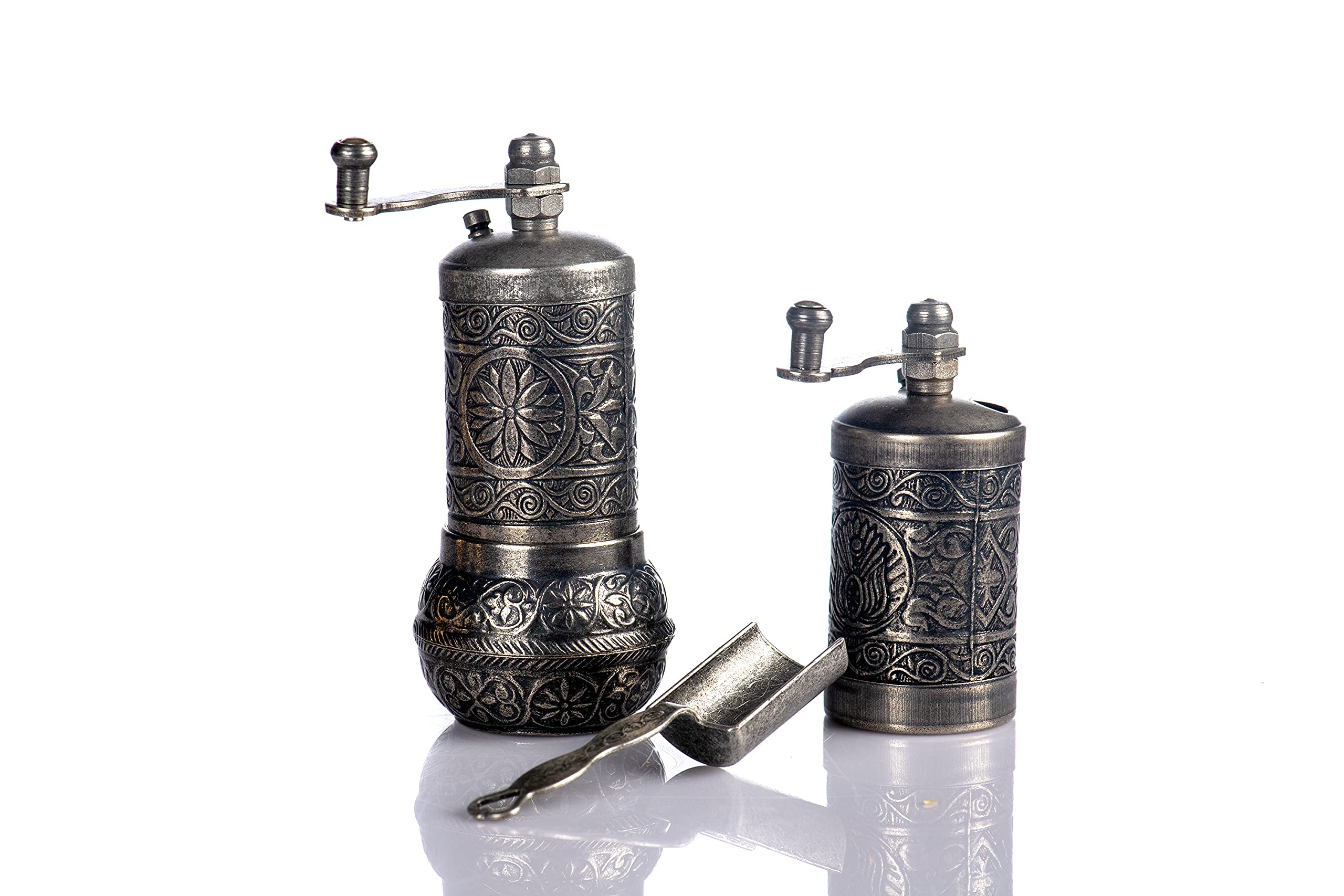 Premium 4-Piece Herb & Spice Grinder Set - Manual Crank Handle Pepper Mill for Freshly Ground Peppers, Herbs & Spices - Perfect for Cooking, Baking & Seasoning (Dark Silver)