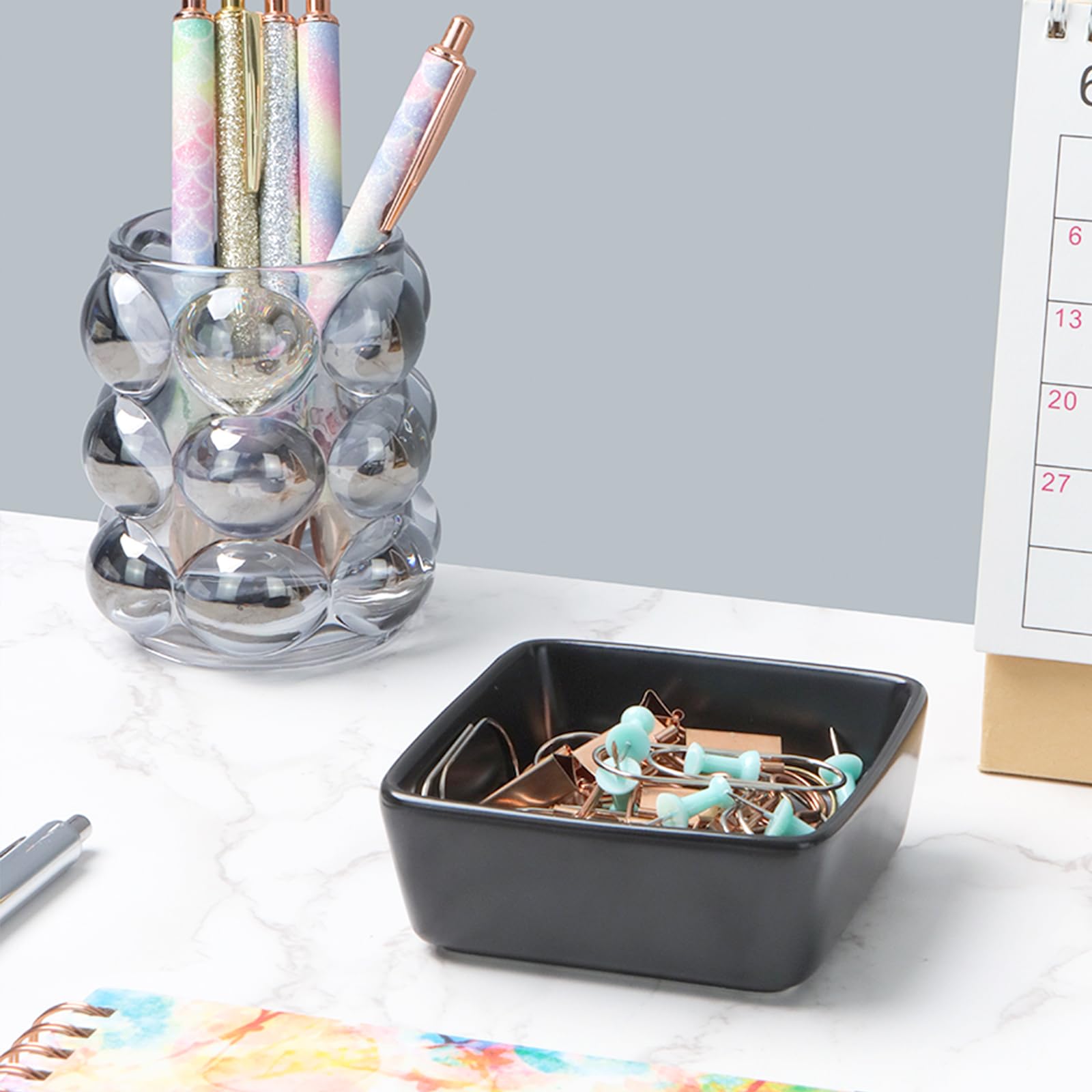Black Ceramic Paper Clip Holder - Desk Organizer for Office & School Supplies