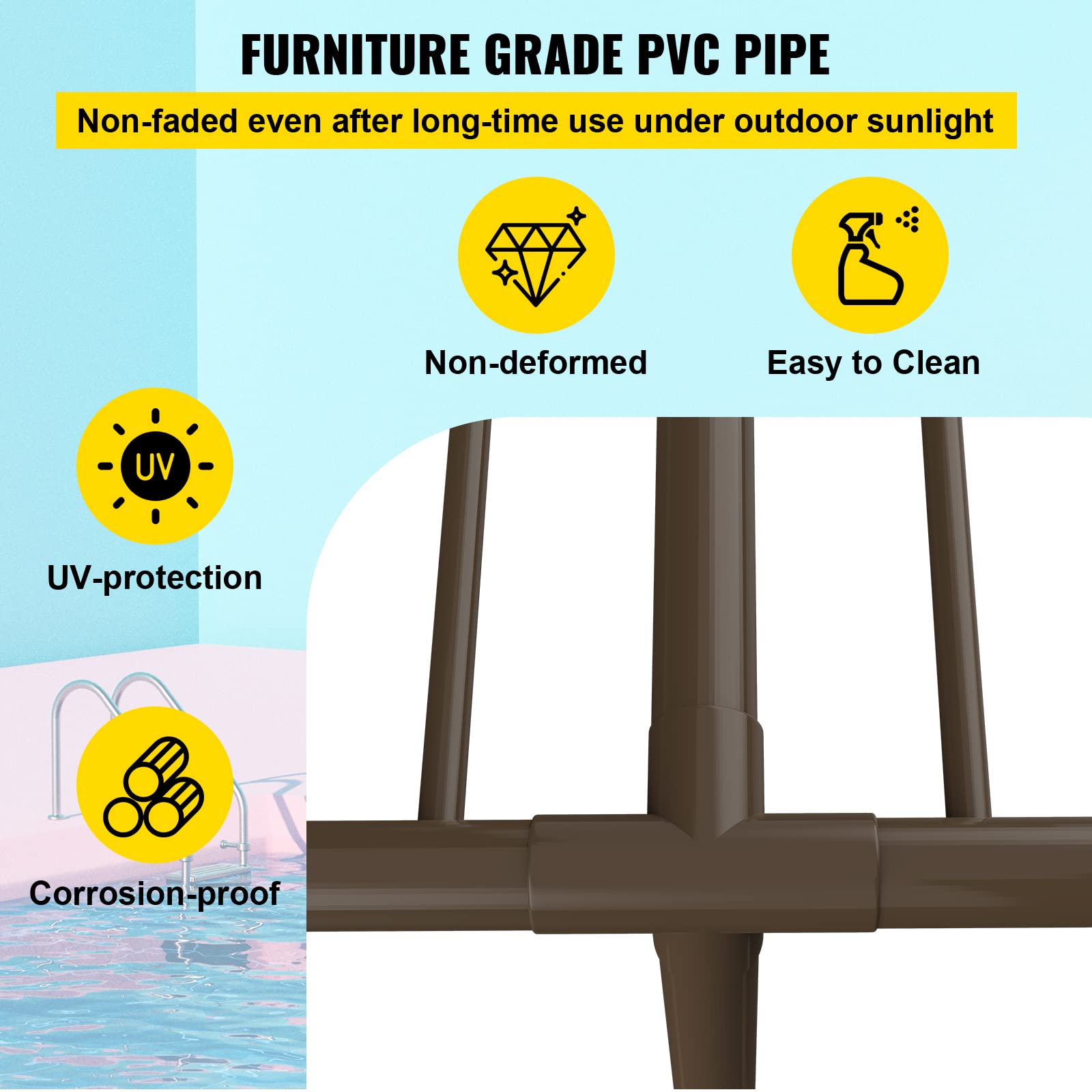 VEVOR 5-Bar Freestanding Pool Towel Rack - Brown Outdoor PVC T-Shape Storage Organizer with 8 Towel Clips, Mesh Bag & Hook - Holds Swim Towels, Pool Floats & Paddles - Perfect for Beach, Swimming Pool & Backyard Use