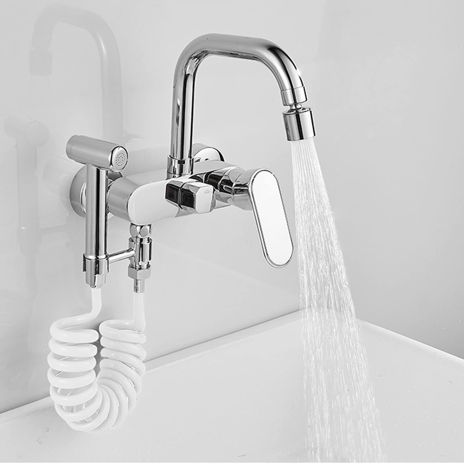 Brass Wall Mounted Kitchen Faucet with Swivel Spray for Cooking
