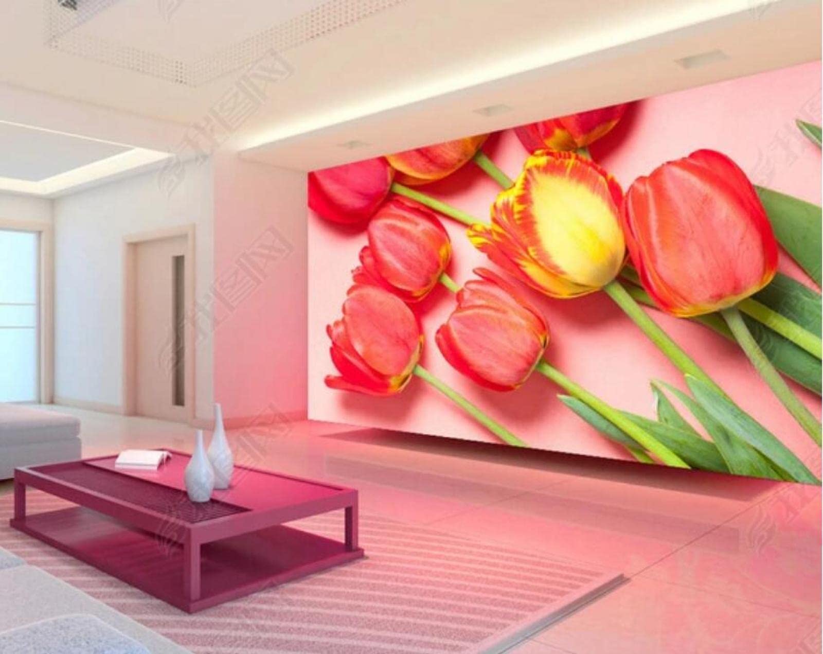 3D Red Tulip Flower Wallpaper Mural - Self-Adhesive Peel & Stick Wall Decor for Bedroom, Living Room, TV Background - Perfect for Home Renovation and Interior Design