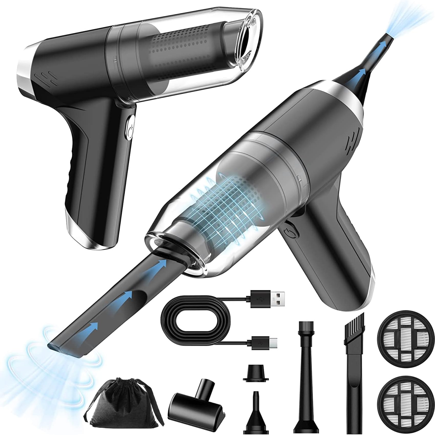 Daakro 2023 Cordless Handheld Vacuum Cleaner - 9000PA Strong Suction, USB-C Rechargeable, Wet/Dry Multi-Function for Dusting, Blowing & Pumping | Portable Mini Vacuum for Car, Home, Office & Pet Hair Cleaning | Compact Black Design for Easy Storage & Quick Cleanups