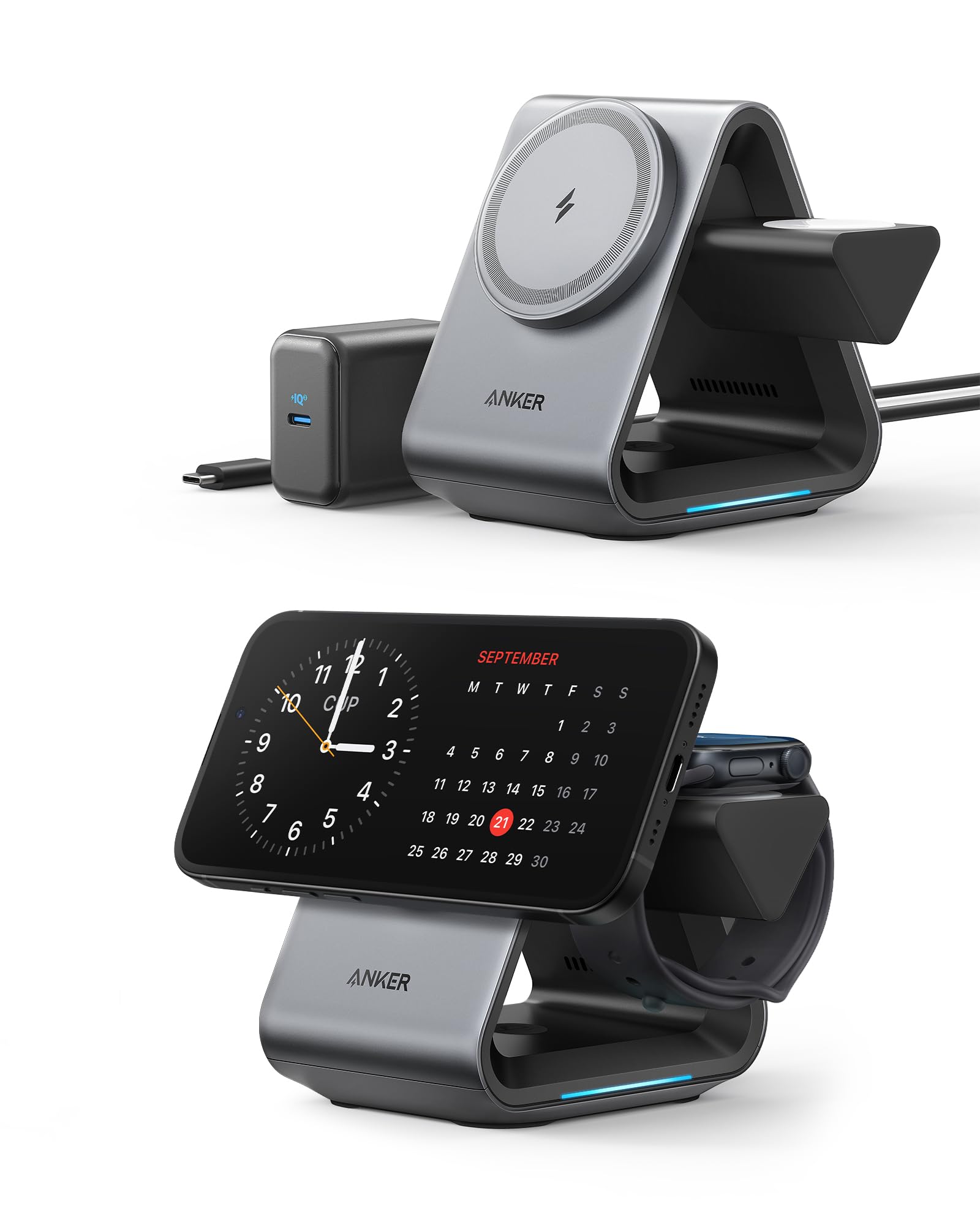Anker MagSafe Charger Stand 3-in-1 with 15W Fast Charging for iPhone 15/14/13/12, Apple Watch Series 8/7/6 & AirPods | MFi Certified | Includes 30W USB-C Charger | Perfect for Home, Office & Travel Charging Station