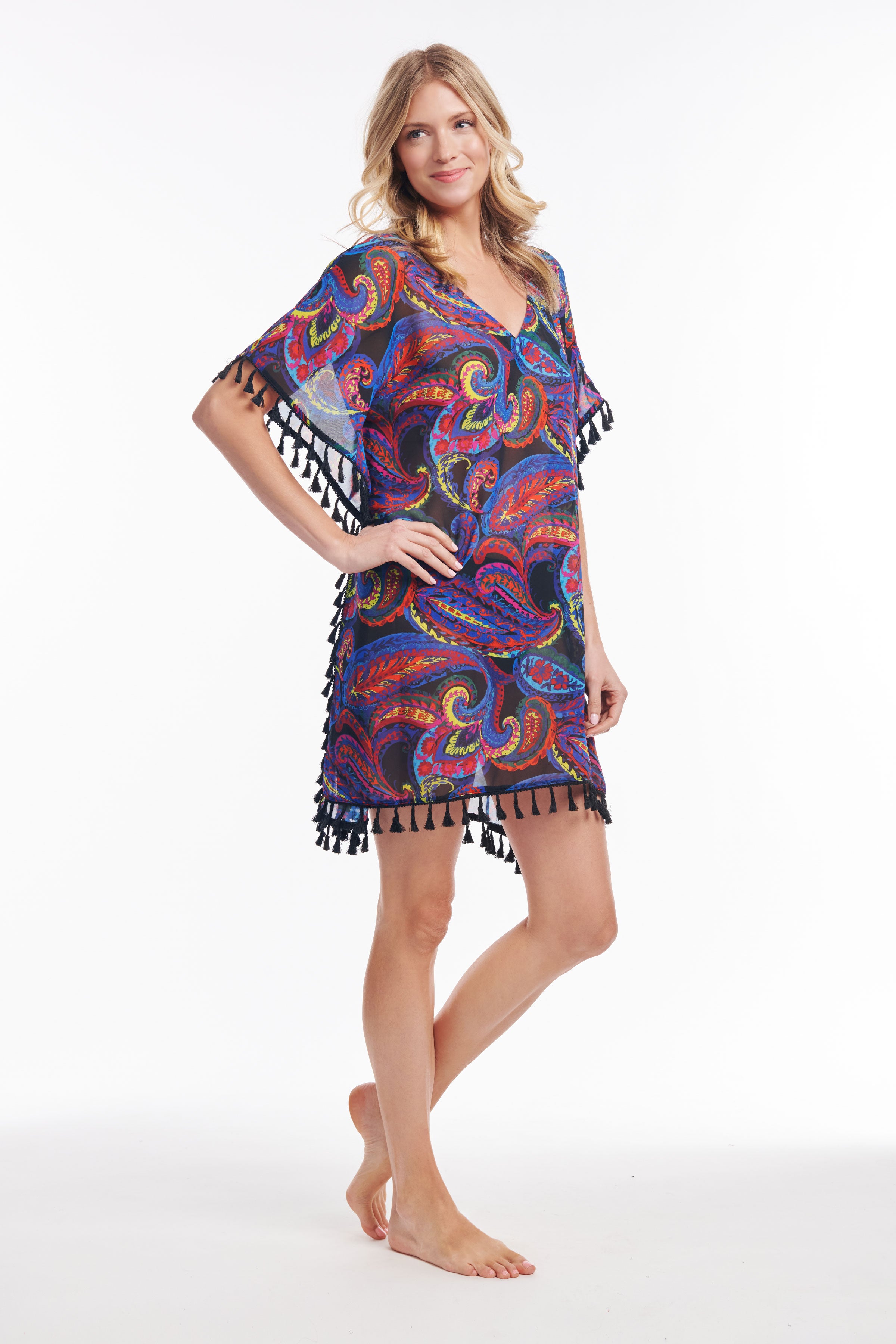 Elegant French Paisley Kaftan Coverup with Tassel Trim - Perfect for Beach, Poolside, and Summer Vacation Outfits