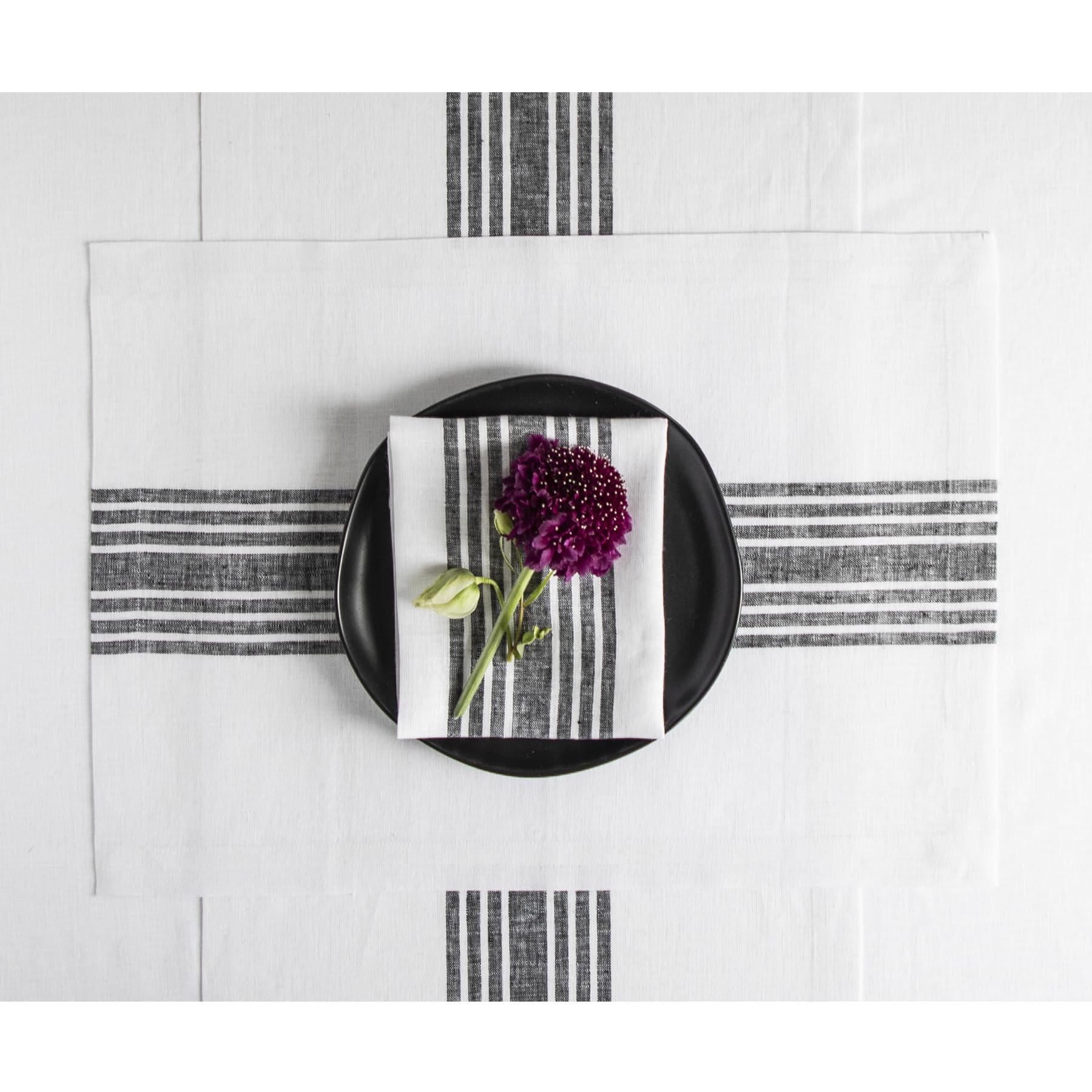 Solino Home Farmhouse Linen Placemats Set of 4 - 14x19 Inch 100% Pure Linen Stripe Black & White Washable Table Mats - Perfect for Spring Decor, Mothers Day Gifts, Easter Dinner & Everyday Dining