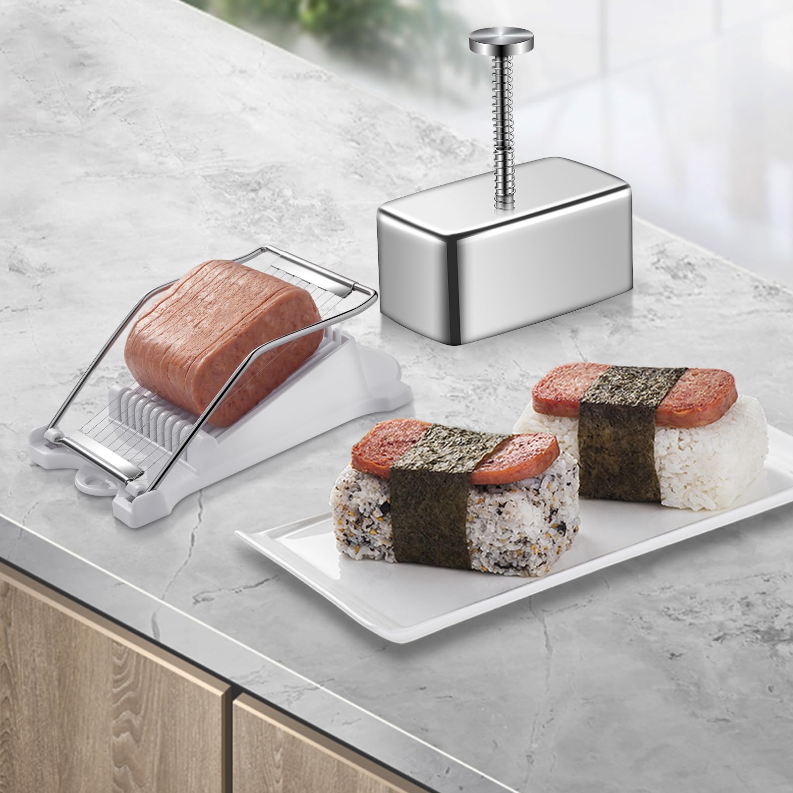 Premium Spam Musubi Mold Kit - Stainless Steel Onigiri Maker with Spam Slicer - Perfect for Hawaiian Sushi, Bento Box & Party Snacks - Great for Home Cooking, Picnics & Asian Cuisine Lovers