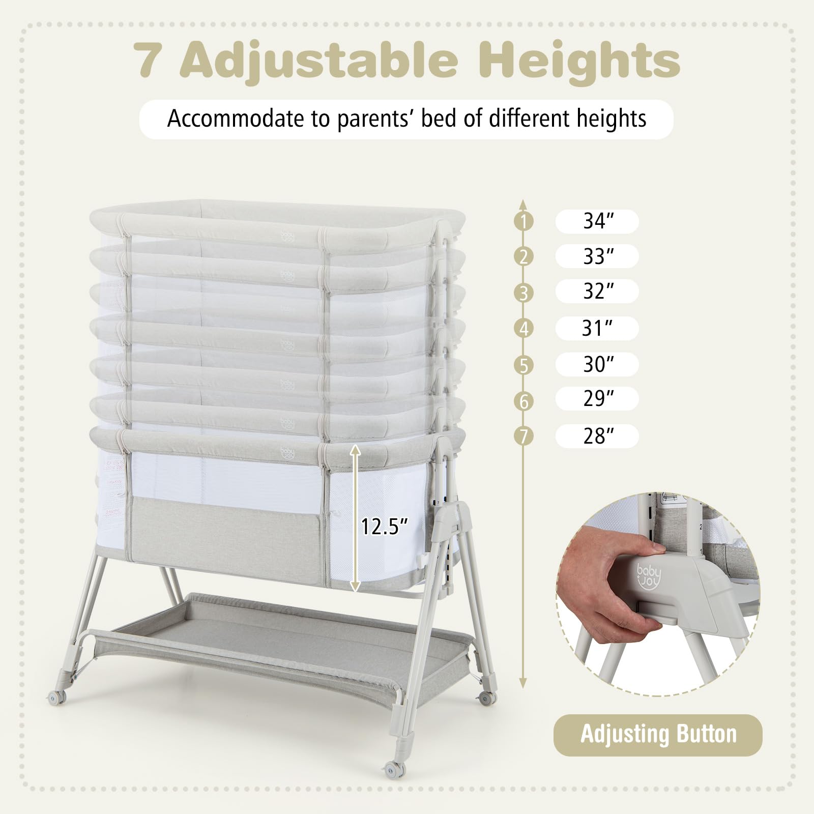 Baby Joy Portable Bassinet Bedside Sleeper - Foldable Baby Crib with Breathable Mesh Sides, Storage Shelf & Travel Bag - 7 Adjustable Heights for Safe Co-Sleeping - Includes Mattress - Ideal for Newborns & Infants (Gray) - Perfect for Nursery, Bedroom & Travel Use