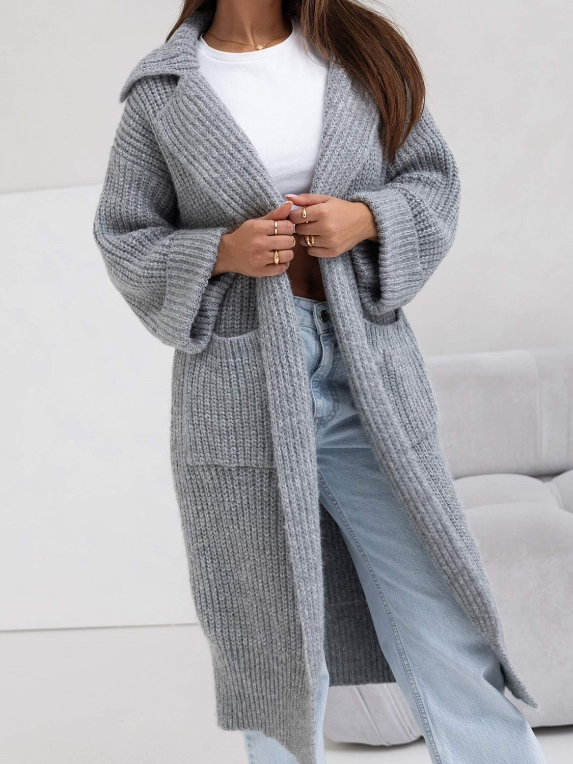 Women's Stylish Pocketed Collared Neck Drop Shoulder Cardigan Sweater - Perfect for Office Wear, Casual Outfits & Fall Layering