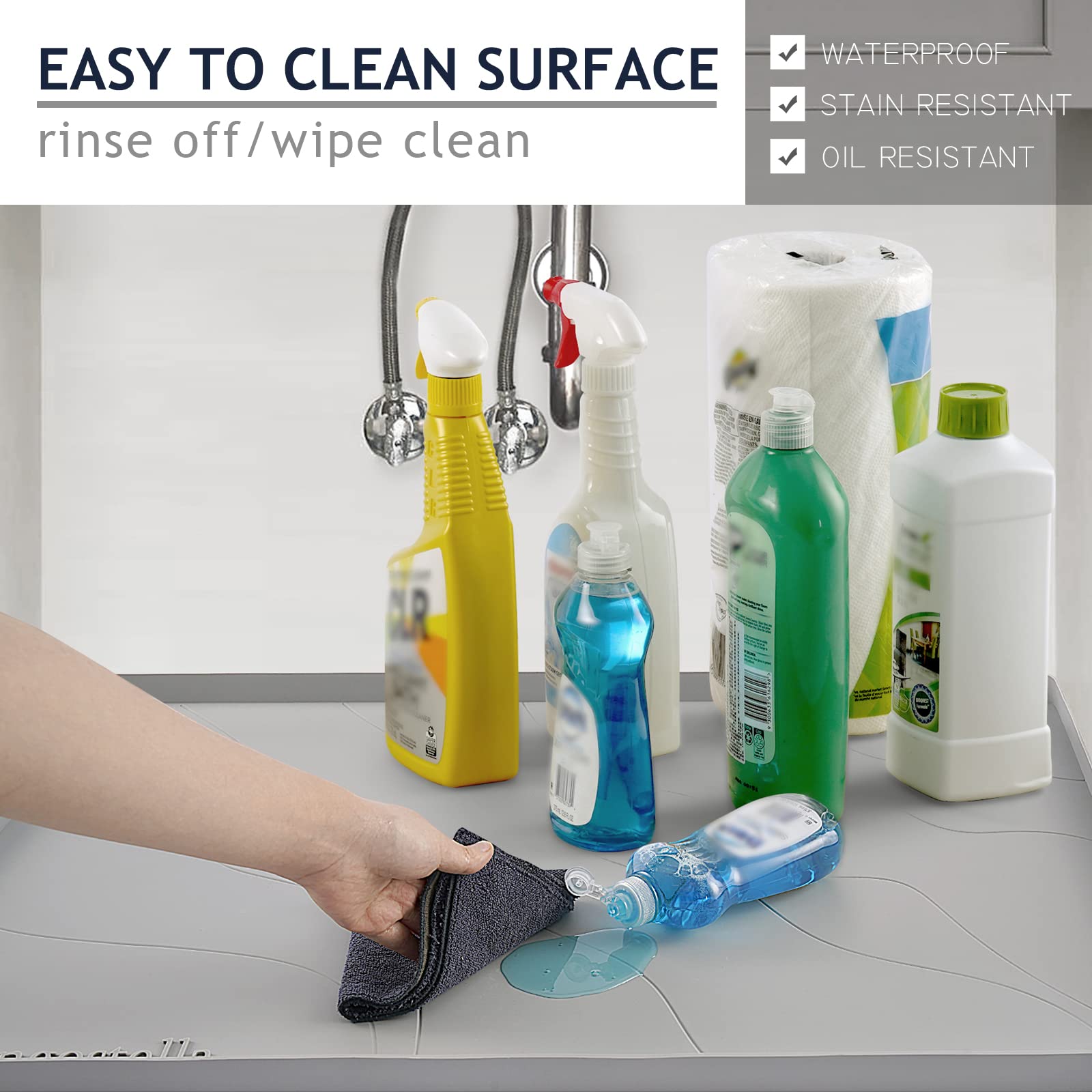 Heavy Duty Under Sink Mat 28x22 Inch - Extra Thick Silicone Waterproof Cabinet Liner for Kitchen & Bathroom - Durable Drip Leak Spill Protector - Non-Slip Gray Sink Mat - Perfect for Countertop, Cabinet & Floor Protection