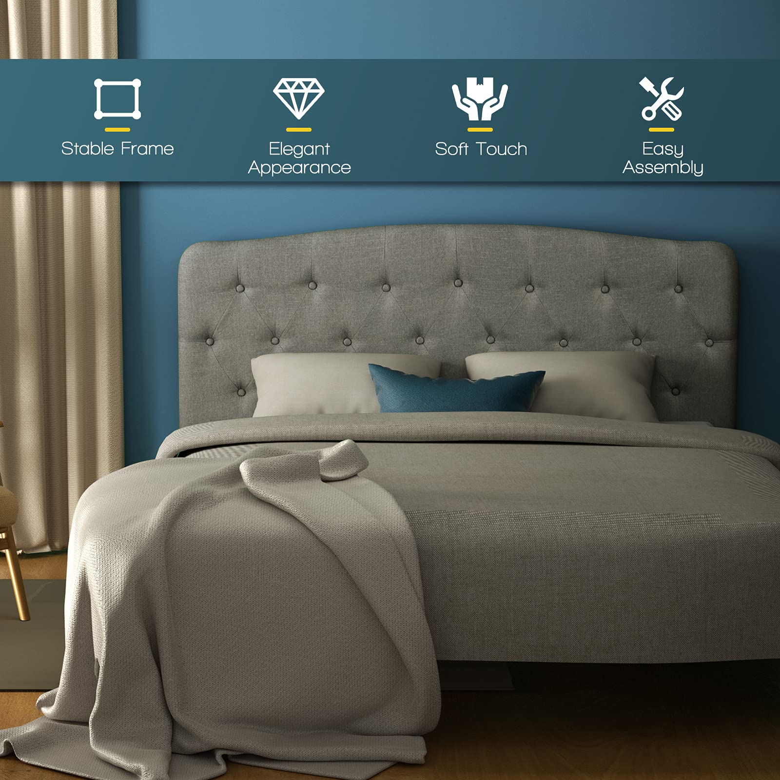 Giantex Full Size Upholstered Headboard - Adjustable Height 38’’ to 53’’ - Button Tufted Modern Fabric Bedroom Furniture - Light Grey - Easy Assembly - Perfect for Master Bedrooms, Guest Rooms & Apartments