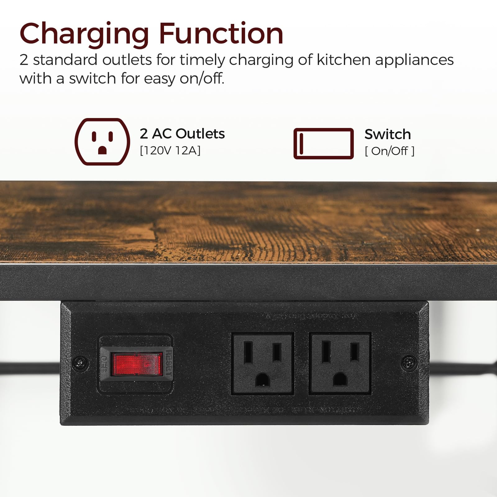 Rustic Brown Bakers Rack with Power Outlet - Kitchen Storage Shelf with Paper Holder & 6 Hooks | Microwave Stand & Coffee Bar Station with Switch-Controlled Socket | Perfect for Kitchen, Dining Room & Small Space Organization (BRHR36E01)