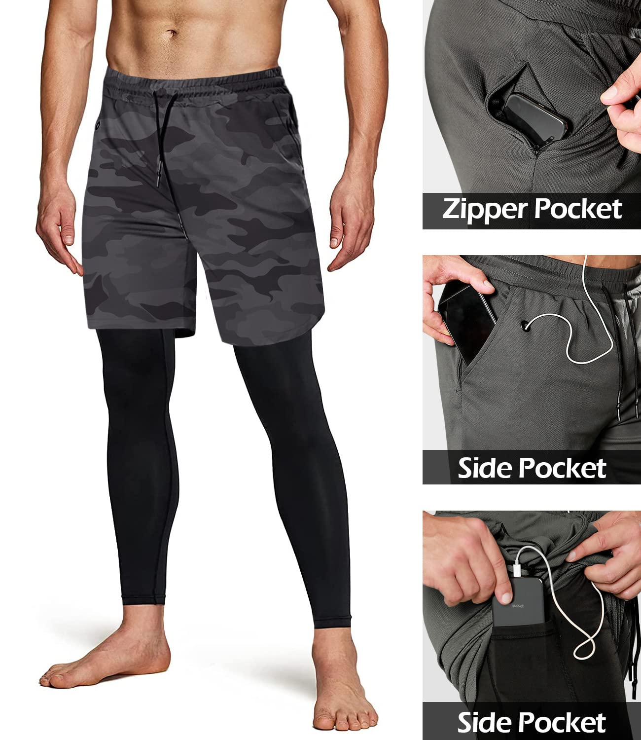 Aolesy Men's 2 in 1 Running & Gym Workout Compression Pants - Breathable Athletic Training Pants for Jogging, Cycling & Fitness Workouts
