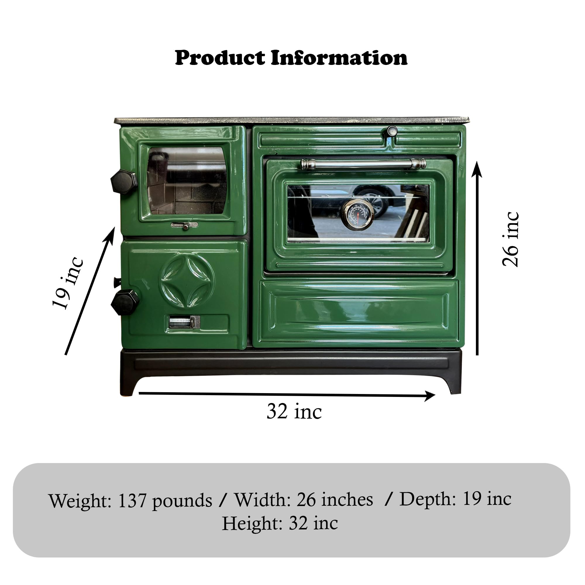 Vintage Green Cast Iron Wood Cook Stove with Oven - Efficient Wood Burning Stove Range for Kitchen & Cabin - Includes Built-in Thermometer - Perfect for Rustic Homes, Farmhouses & Off-Grid Living - Handcrafted in Turkey