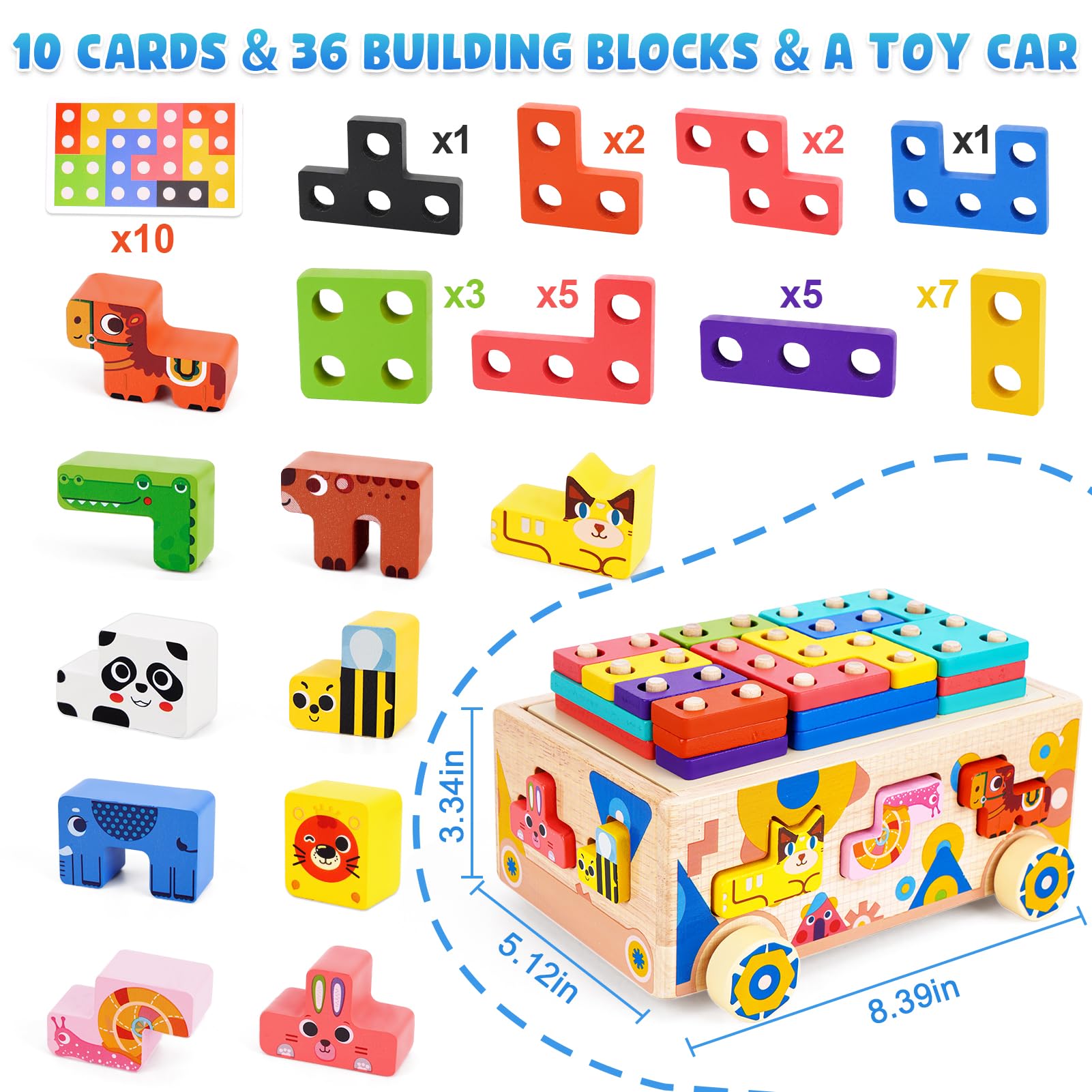 Montessori Wooden Building Blocks for Toddlers 2-3 Years Old - Educational Shape Sorting & Stacking Toys with Animal Designs - Perfect Christmas & Birthday Gifts for Boys & Girls - Ideal for Early Learning, Preschool Activities & Sensory Play
